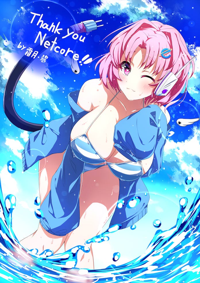 1girl bikini blue_bikini blue_sky blush breasts cleavage closed_mouth cloud commentary commission electric_plug_tail english_commentary hair_ornament heart heart-shaped_pupils indie_virtual_youtuber internet_explorer large_breasts leaning_forward looking_at_viewer one_eye_closed outdoors pink_eyes pink_hair sazanami_mio_(style) shimotsuki_aoi short_hair skeb_commission sky solo striped striped_bikini swimsuit symbol-shaped_pupils wading white_bikini