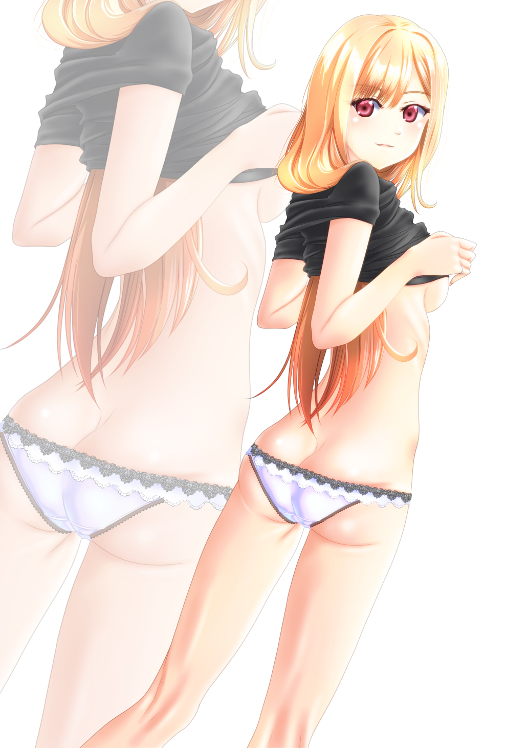 1girl ass black_shirt blonde_hair breasts butt_crack closed_mouth clothes_lift commentary_request cowboy_shot crotch_seam from_behind gyaru highres jou_(circlemay) kitagawa_marin kneepits kogal lace-trimmed_panties lace_trim lifted_by_self long_hair looking_at_viewer looking_back lowleg lowleg_panties medium_breasts no_bra panties partial_commentary red_eyes shirt shirt_lift short_sleeves simple_background smile solo sono_bisque_doll_wa_koi_wo_suru standing underwear white_background white_panties zoom_layer