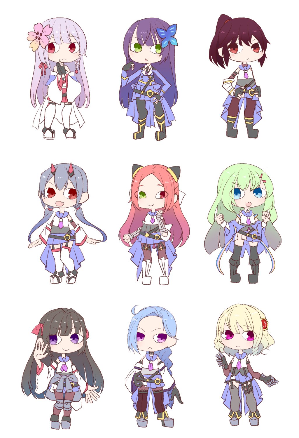 6+girls :&lt; :d ahoge ankle_boots arms_at_sides assault_lily bare_shoulders belt black_belt black_footwear black_gloves black_pantyhose black_thighhighs blonde_hair blue_eyes blue_hair blue_jacket blue_sailor_collar blue_skirt boots braid braided_ponytail brown_hair brown_pantyhose butterfly_hair_ornament chibi clenched_hands closed_mouth clothes_around_waist collared_shirt commentary crop_top detached_sleeves fang flower fujita_asagao funada_kiito funada_ui garter_straps gauntlets gem gem_hair_ornament gloves green_eyes green_hair grey_footwear grey_hair grey_shirt grey_thighhighs gumoyu hair_flower hair_ornament hair_ribbon hairclip hairpods hand_on_own_hip hand_up hands_on_own_hips hands_up heterochromia high_ponytail highres horns igusa_subaru imamura_yukari_(assault_lily) jacket japanese_clothes kawabata_hotaru kimono kimono_skirt knee_boots knee_pads kozue_west layered_sleeves light_blush long_hair long_sleeves looking_at_viewer low_ponytail low_twintails mechanical_horns miniskirt mole mole_under_mouth multiple_girls nagasawa_yuki_(assault_lily) neckerchief o-ring_strap odaiba_girls_high_school_uniform off_shoulder open_hand open_mouth own_hands_together palms_together pantyhose parted_bangs parted_lips partially_fingerless_gloves pink_eyes pink_flower pleated_skirt ponytail purple_eyes purple_hair purple_neckerchief red_eyes red_gemstone red_hair red_horns red_ribbon ribbon sailor_collar school_uniform shiba_tomoshibi shirt short_kimono short_sleeves siblings side_braid simple_background single_braid sisters skin_fang skirt sleeveless sleeveless_shirt sleeves_past_wrists smile standing thigh_strap thighhighs thighhighs_over_pantyhose triangle_mouth twintails undershirt v-shaped_eyebrows very_long_hair waist_cape white_background white_footwear white_kimono white_shirt white_thighhighs wide_sleeves zouri