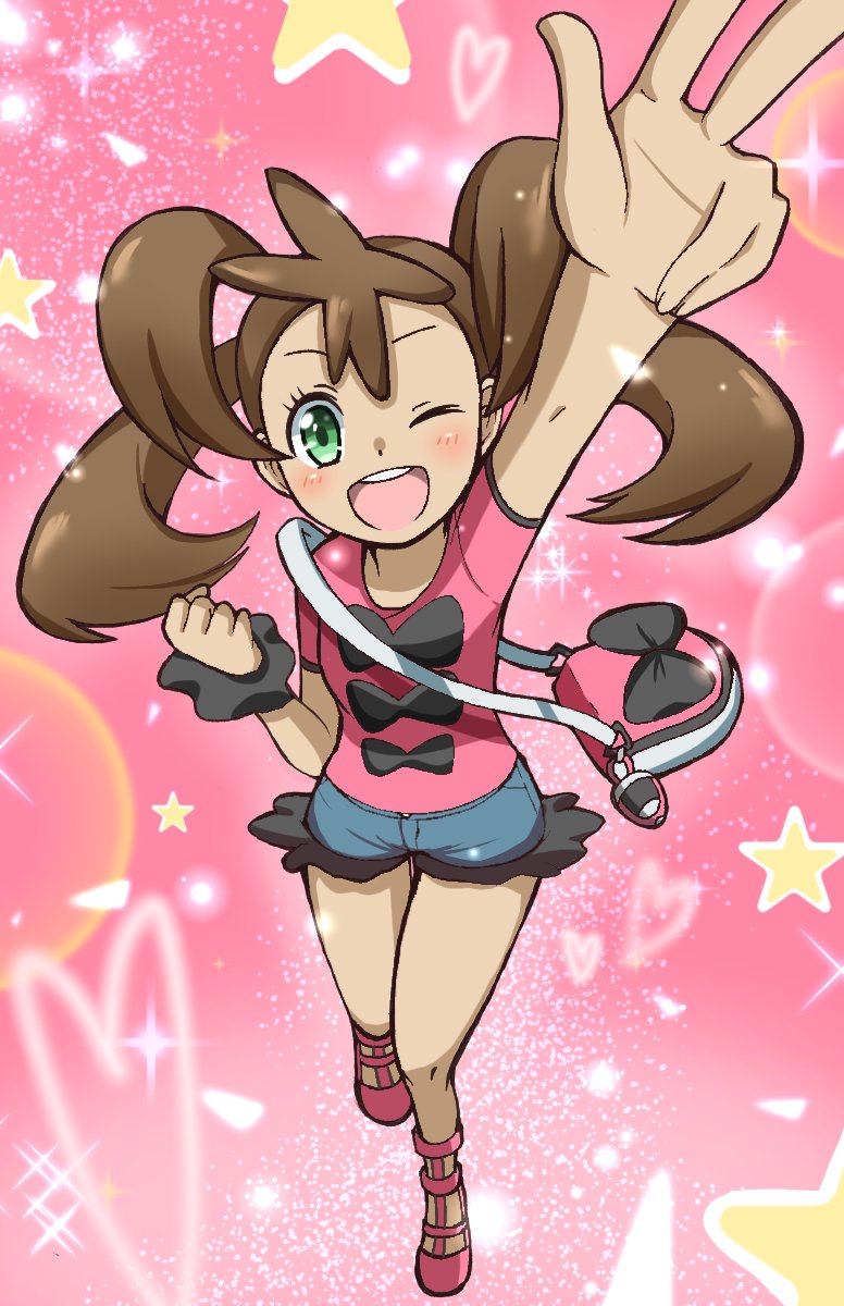 1girl ;d arm_up bag blush brown_hair clenched_hand commentary_request emapippi eyelashes green_eyes hand_up highres knees looking_at_viewer one_eye_closed open_mouth pink_background pink_footwear pink_shirt pokemon pokemon_(game) pokemon_xy scrunchie shauna_(pokemon) shirt shoes short_shorts short_sleeves shorts shoulder_bag smile solo star_(symbol) teeth tongue twintails upper_teeth_only w wrist_scrunchie