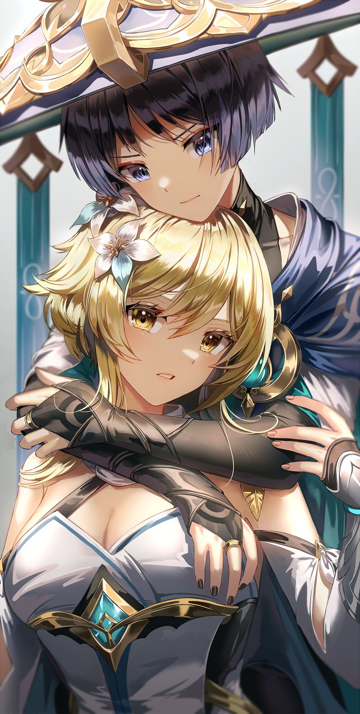 1boy 1girl arm_armor bare_shoulders black_gloves black_nails black_shirt black_shorts blonde_hair blue_cape blue_eyes blue_gemstone blunt_ends breasts brown_nails cape closed_mouth collarbone detached_sleeves dress eyeshadow fingerless_gloves fingernails flower gem genshin_impact gloves gold_trim gradient_background grey_background hair_between_eyes hair_flower hair_ornament hand_up hands_up hat highres hug hug_from_behind jewelry jingasa leaf long_sleeves looking_at_viewer lumine_(genshin_impact) makeup mandarin_collar medium_breasts nail_polish open_clothes open_vest parted_bangs purple_hair purple_headwear red_eyeshadow ring scaramouche_(genshin_impact) shirt short_hair short_hair_with_long_locks short_sleeves shorts sidelocks silence_girl simple_background sleeveless sleeveless_shirt standing teeth v-shaped_eyebrows vest vision_(genshin_impact) wanderer_(genshin_impact) white_dress white_flower white_vest yellow_eyes