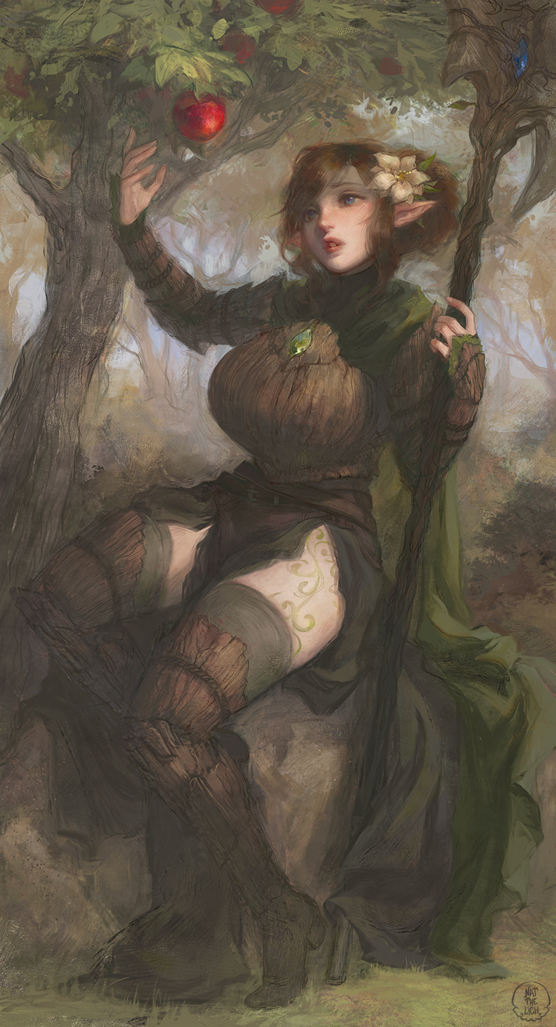 1girl apple apple_tree breasts brown_eyes commission elf food fruit highres holding holding_staff large_breasts lips nat_the_lich nora_virene_(hiraeth_v) original outdoors parted_lips pointy_ears solo staff thighhighs tree