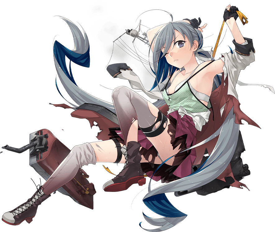 1girl ahoge bow bowtie fujikawa full_body grey_eyes grey_hair hair_between_eyes hair_ribbon kantai_collection kiyoshimo_(kancolle) kiyoshimo_kai_ni_(kancolle) legs long_hair long_sleeves looking_at_viewer low_twintails official_art one_eye_closed open_mouth ribbon school_uniform solo torn_clothes transparent_background twintails very_long_hair