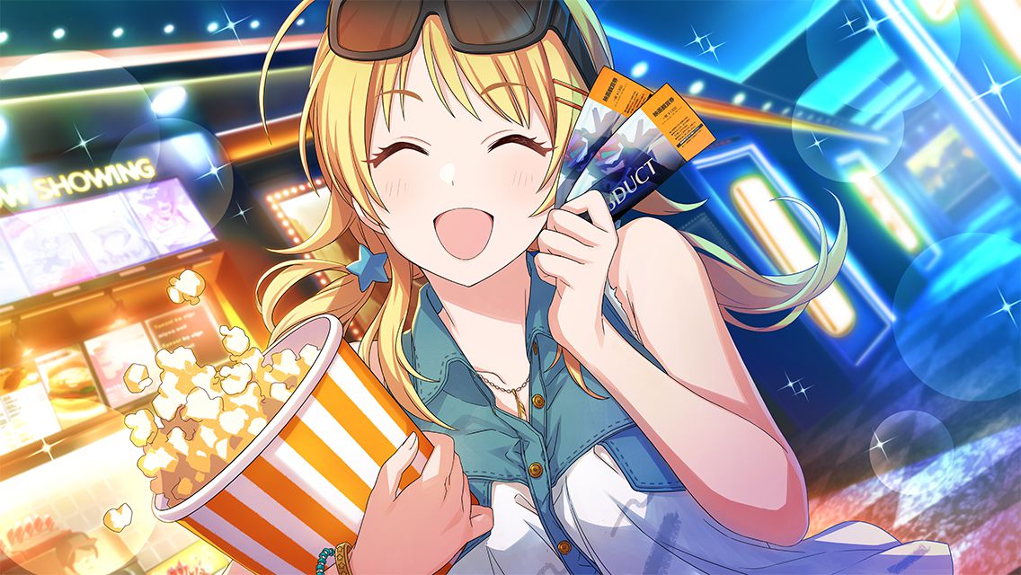 1girl ^_^ ahoge bare_shoulders blonde_hair blush closed_eyes collared_shirt denim_shirt eyewear_on_head food game_cg hachimiya_meguru hair_flaps hair_ornament hairclip hand_up holding holding_food holding_ticket idolmaster idolmaster_shiny_colors indoors jewelry lens_flare long_hair low_twintails movie_theater multiple_bracelets necklace official_art open_mouth popcorn shirt sidelocks sleeveless sleeveless_shirt smile solo sparkle star_(symbol) star_hair_ornament sunglasses twintails upper_body wing_collar