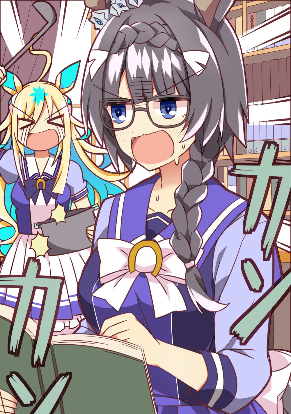 &gt;_&lt; 2girls ahoge animal_ears back_bow black-framed_eyewear blonde_hair blue_eyes blush book bookshelf bow braid breasts collarbone colored_inner_hair commentary_request cowboy_shot crown_braid crying curtains ear_ornament glasses gradient_hair hair_ornament highres holding holding_cooking_pot holding_ladle horse_ears horse_girl ladle long_hair long_sleeves looking_at_viewer medium_breasts multicolored_hair multiple_girls neo_universe_(umamusume) open_mouth pleated_skirt puffy_short_sleeves puffy_sleeves purple_serafuku reading ribbon school_uniform serafuku short_sleeves side_braid skirt streaked_hair streaming_tears summer_uniform surprised tears tracen_school_uniform umamusume wahiko_(black_bastard) white_bow white_skirt zenno_rob_roy_(umamusume)