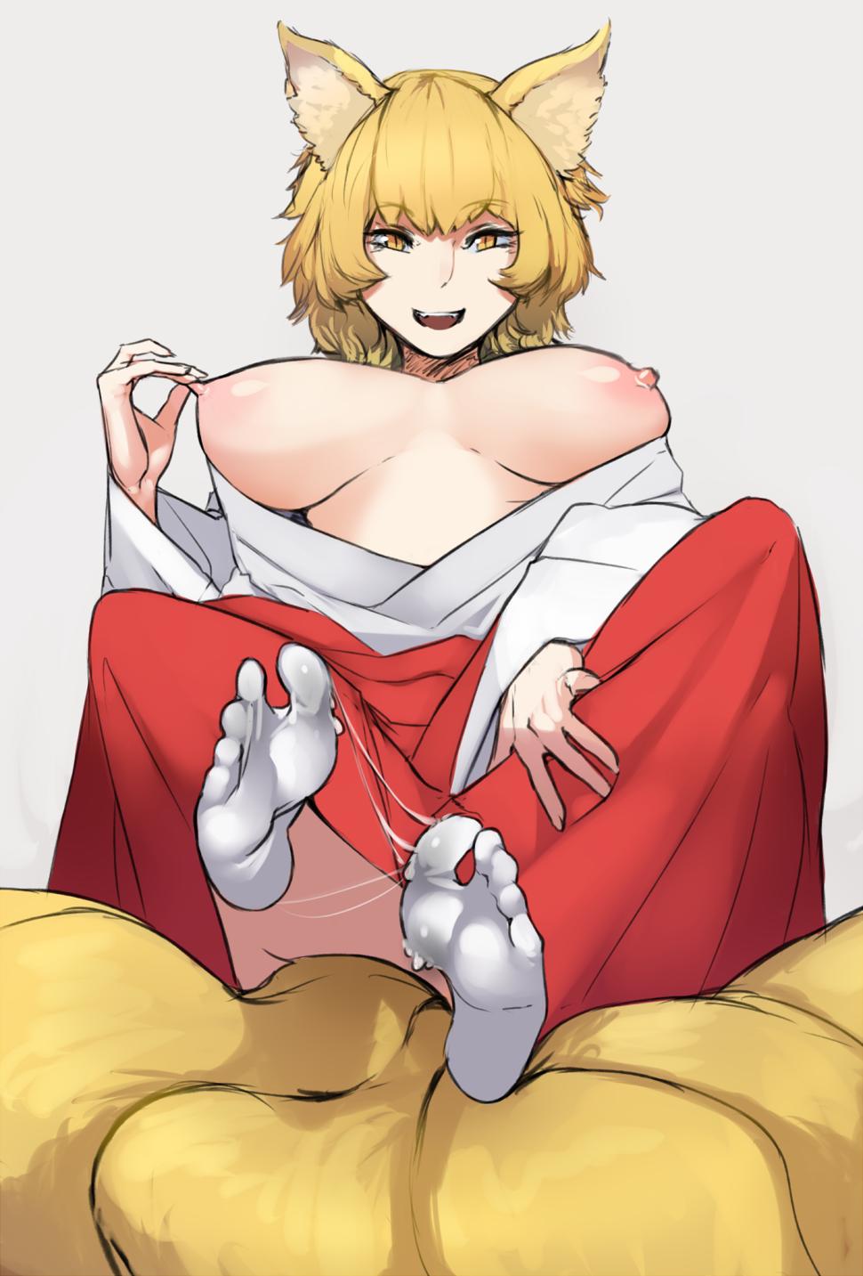 animal_ears animal_humanoid animal_tail areola asian_mythology big_breasts blonde_hair breasts canid canid_humanoid canine canine_humanoid clothing east_asian_mythology exposed_breasts eyelashes feet female footwear fox_humanoid fur grey_background hair hi_res humanoid japanese_mythology looking_at_viewer mammal mammal_humanoid multi_tail mythology nipple_fetish nipple_pinch nipple_play nipples open_mouth open_smile orange_eyes pinch pink_areola pink_nipples pupils ran_yakumo scas short_hair shrine_maiden simple_background slit_pupils smile socks solo tail thick_thighs touhou white_clothing white_footwear white_socks wide_hips yellow_body yellow_fur yokai
