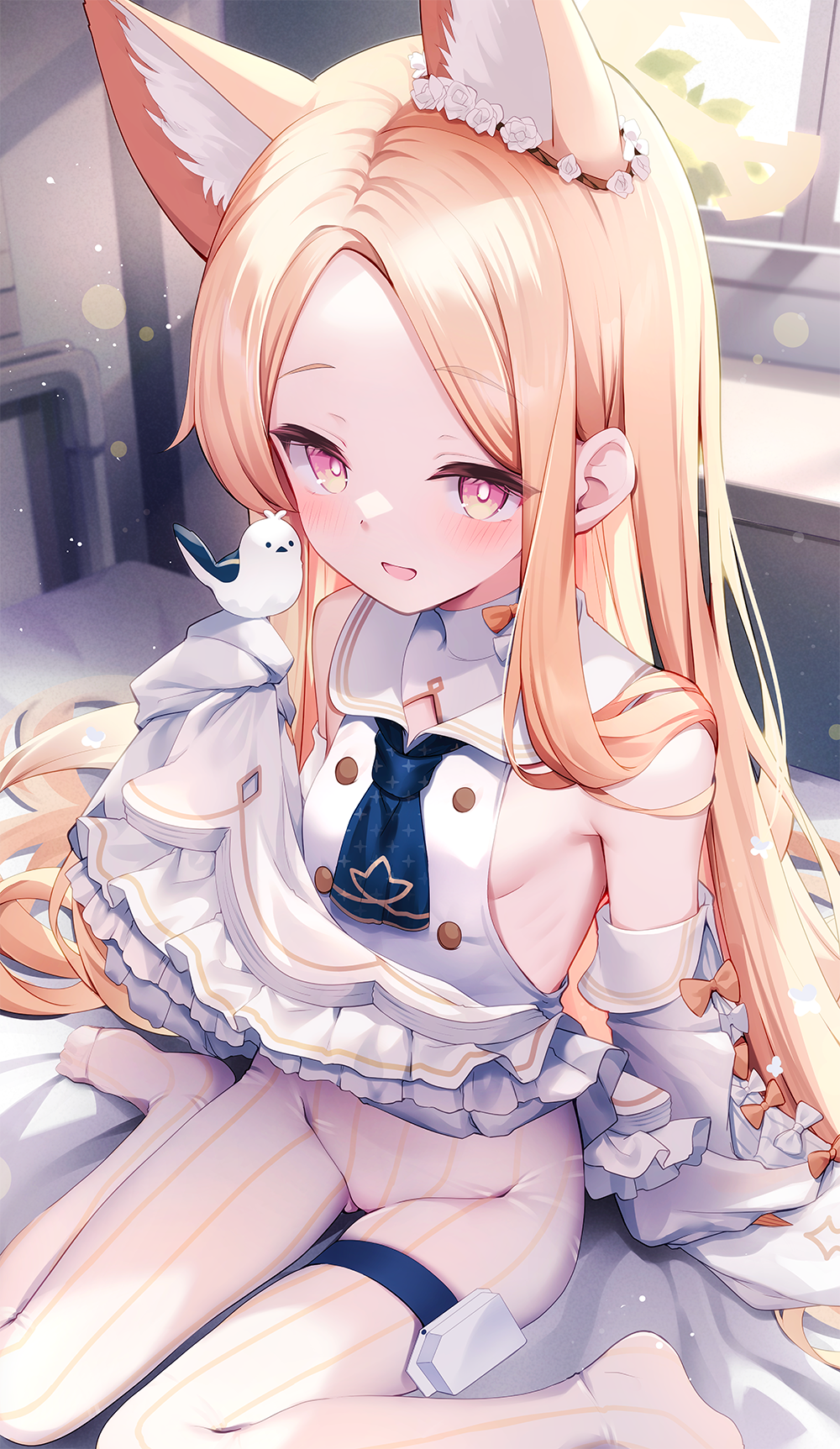 1girl animal animal_ear_fluff animal_ears bird blonde_hair blue_archive blush breasts detached_sleeves dress fox_ears halo highres kinokomushi long_hair open_mouth pantyhose seia_(blue_archive) sitting sleeves_past_fingers sleeves_past_wrists small_breasts smile solo striped striped_pantyhose vertical-striped_pantyhose vertical_stripes wariza white_bird white_dress white_pantyhose white_sleeves wide_sleeves yellow_eyes yellow_halo