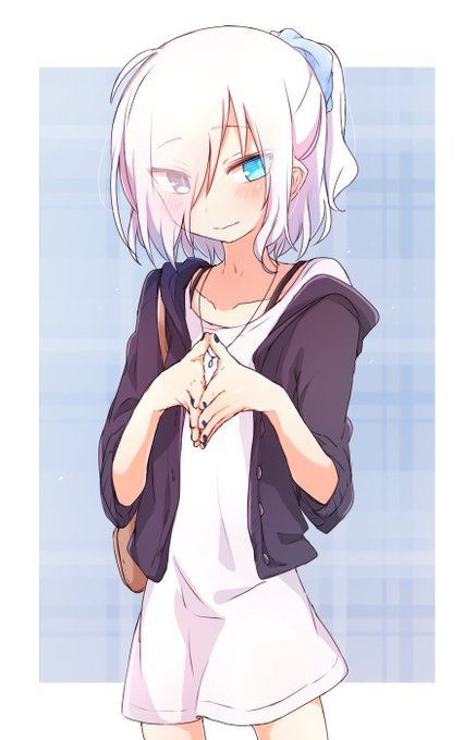 1girl ahoge bad_id bad_twitter_id bag blue_eyes blue_nails blush dress eyes_visible_through_hair flat_chest hair_over_eyes handbag heterochromia higashi_shino jewelry nail_polish necklace nowareno_(higashi_shino) original own_hands_together pointy_ears short_ponytail solo spaghetti_strap white_dress white_hair