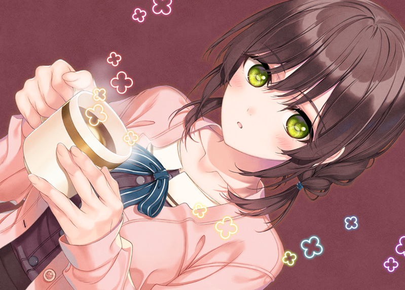 1girl amamiya_chiharu braid brown_hair cardigan coffee_mug collarbone cup green_eyes holding holding_cup looking_at_viewer mug open_cardigan open_clothes original pink_sweater red_background solo sweater