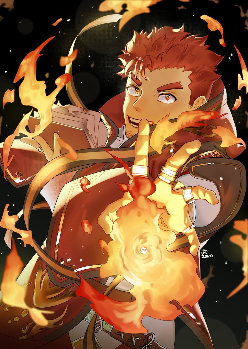 1boy black_background book facial_hair fafnir_(f-kare) fire highres holding holding_book jewelry kiekoio looking_at_viewer male_focus open_book red_hair ring robe short_hair short_sword shoukan_yuusha_to_f-kei_kareshi smile solo sparkle spell standing stubble sword thick_eyebrows tokyo_afterschool_summoners upper_body weapon