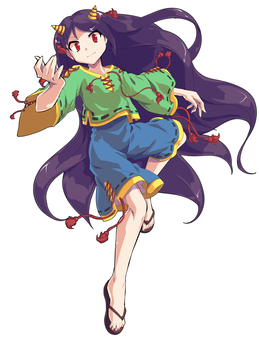 1girl alphes_(style) black_hair blue_shorts closed_mouth dairi flip-flops full_body green_shirt horns long_hair long_sleeves nippaku_zanmu oni_horns parody red_eyes sandals shirt shorts smile solo standing style_parody tachi-e touhou wide_sleeves