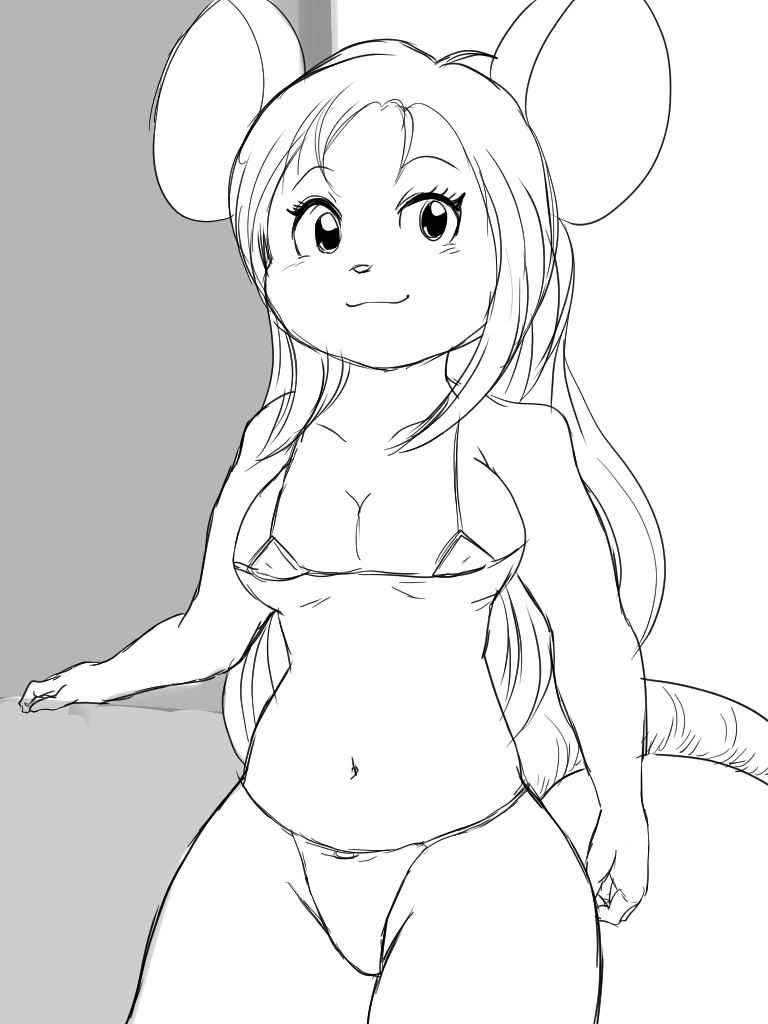 anthro big_breasts big_ears bikini breasts clothing female hair inside long_hair mammal mia_(rmaster) micro_bikini mouse murid murine nipple_outline rodent sketch solo standing swimwear winick-lim