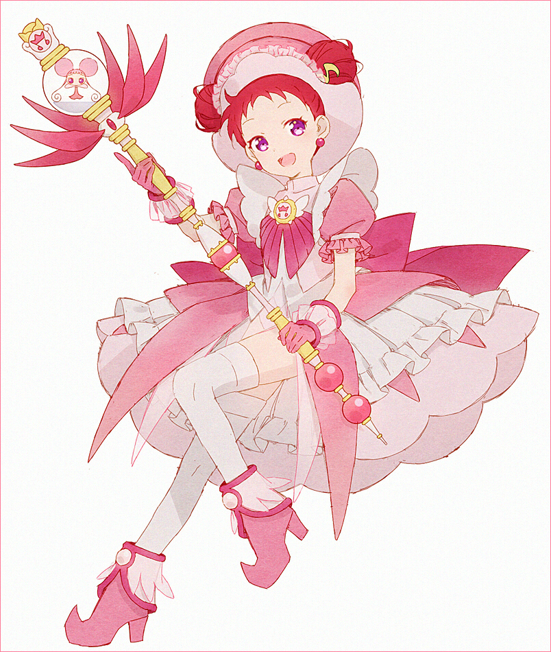 1girl :d adapted_costume brooch commentary_request dodo_(ojamajo_doremi) double_bun dress earrings fairy frilled_dress frilled_gloves frilled_sleeves frills full_body gloves hair_bun hair_ornament hakusai_(tiahszld) hand_up harukaze_doremi holding holding_staff jewelry looking_at_viewer magical_girl musical_note musical_note_hair_ornament ojamajo_doremi open_mouth pink_dress pink_eyes pink_footwear pink_gloves pink_headwear pointy_footwear puffy_short_sleeves puffy_sleeves red_hair short_hair short_sleeves simple_background smile solo staff standing standing_on_one_leg thighhighs white_thighhighs