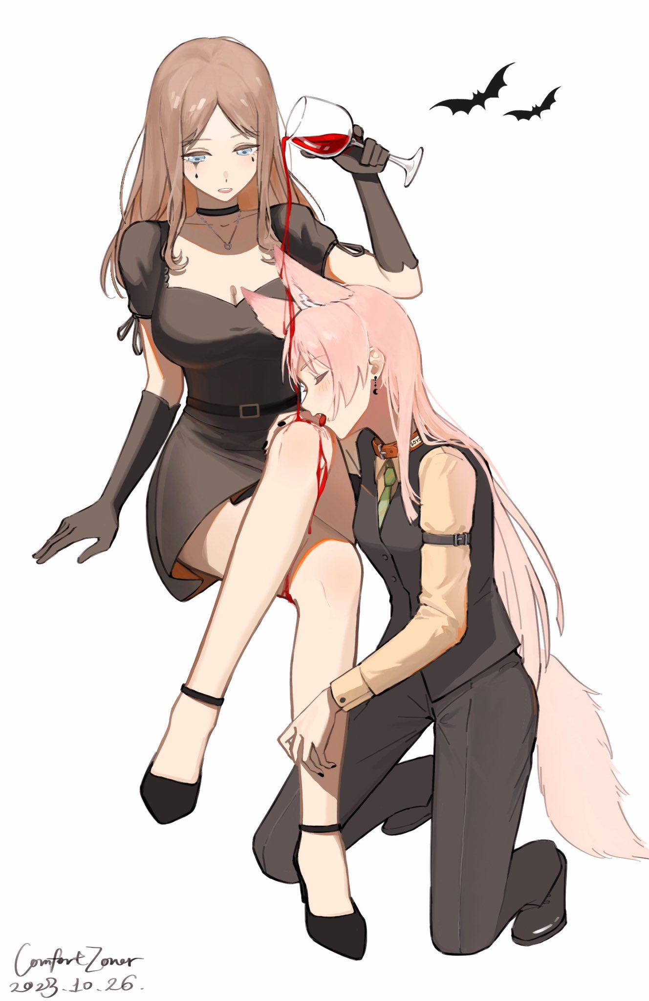 2girls animal_ears bang_dream! bang_dream!_it's_mygo!!!!! bat_(animal) blush breasts brown_hair character_request closed_eyes comfort_zoner crossed_legs dated highres invisible_penis large_breasts licking licking_leg long_hair multiple_girls parted_lips pink_hair pouring pouring_onto_another signature sitting tail tongue tongue_out yuri