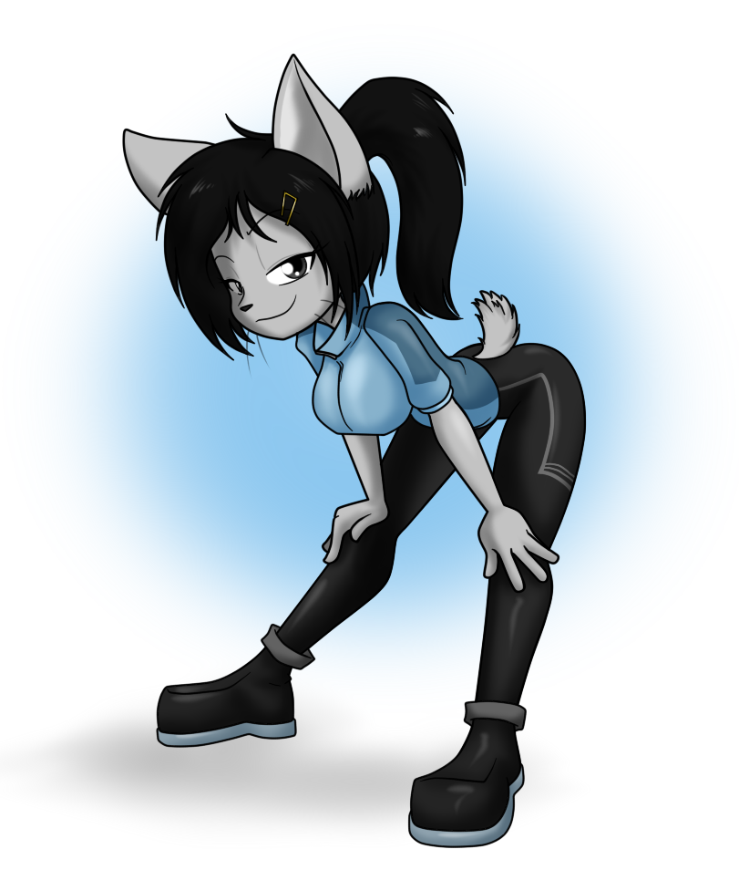 2023 5_fingers anthro big_breasts black_bottomwear black_clothing black_footwear black_hair black_pants black_shoes blue_clothing blue_topwear bottomwear breasts clothing domestic_cat felid feline felis female fingers footwear fur grey_body grey_eyes grey_fur hair leaning leaning_forward looking_at_viewer mammal pants sandwich-anomaly simple_background solo topwear vanessa_(sandwich-anomaly)