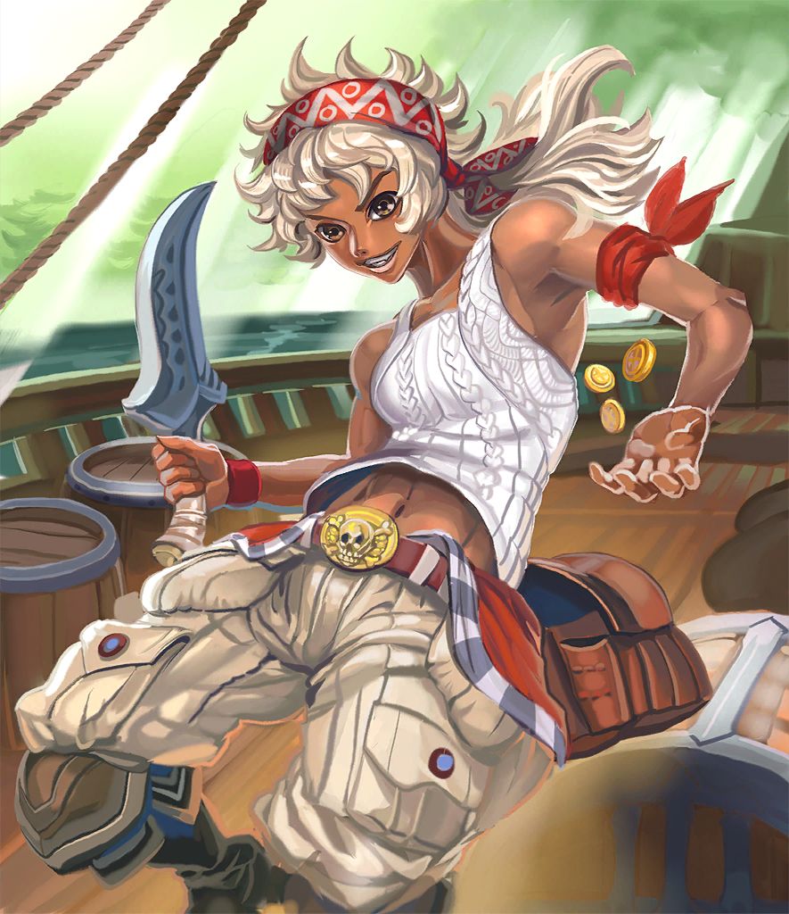 1girl armpit_peek bandana barrel black_footwear brown_eyes brown_hair brown_pants coin dark-skinned_female dark_skin gold_coin grin headband hippo_(hippo999) holding holding_sword holding_weapon long_hair midriff_peek navel official_art outdoors pants pirate pirate_(shingeki_no_bahamat) pocket red_bandana red_headband red_wristband shingeki_no_bahamut ship_deck shirt skull_and_crossbones sleeveless sleeveless_shirt smile solo sword third-party_source treasure_chest weapon white_shirt