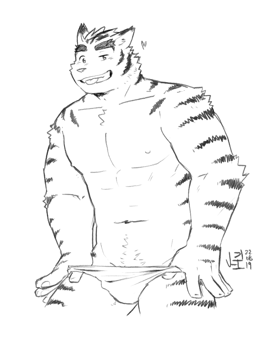 &lt;3 2022 5_fingers abs anthro artist_name black_and_white body_hair clothed clothing dated felid fingers fur happy_trail jeck male mammal monochrome morenatsu muscular muscular_anthro muscular_male navel nipples pantherine partially_clothed portrait smile solo striped_body striped_fur stripes three-quarter_portrait tiger tongue tongue_out torahiko_(morenatsu) underwear underwear_down underwear_only undressing