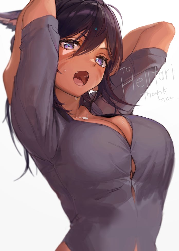 1girl animal_ears arms_up black_hair breasts buttons cat_ears cleavage commission cyobiro facial_mark final_fantasy final_fantasy_xiv grey_shirt hair_between_eyes large_breasts long_hair looking_at_viewer miqo'te open_mouth purple_eyes shirt skeb_commission solo stretching sweatdrop tan teeth thank_you tongue upper_body uvula warrior_of_light_(ff14) whisker_markings