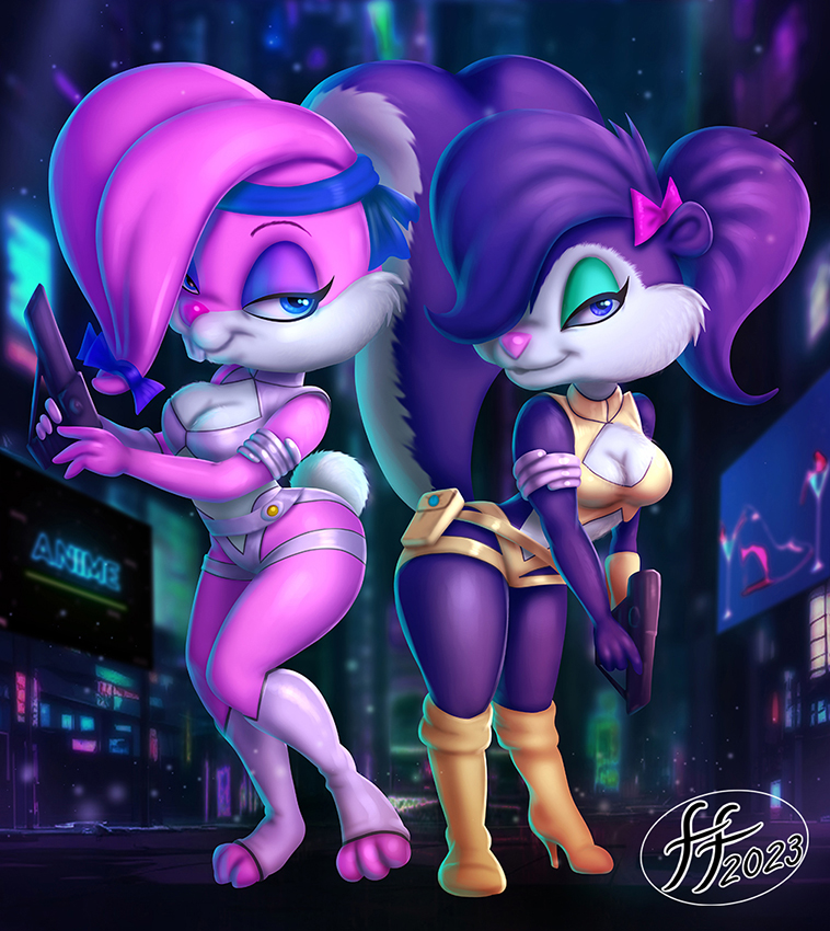 anthro babs_bunny duo female fernando_faria fifi_la_fume fur lagomorph leporid mammal mephitid pink_body pink_fur pink_nose purple_body purple_fur rabbit skunk tiny_toon_adventures warner_brothers