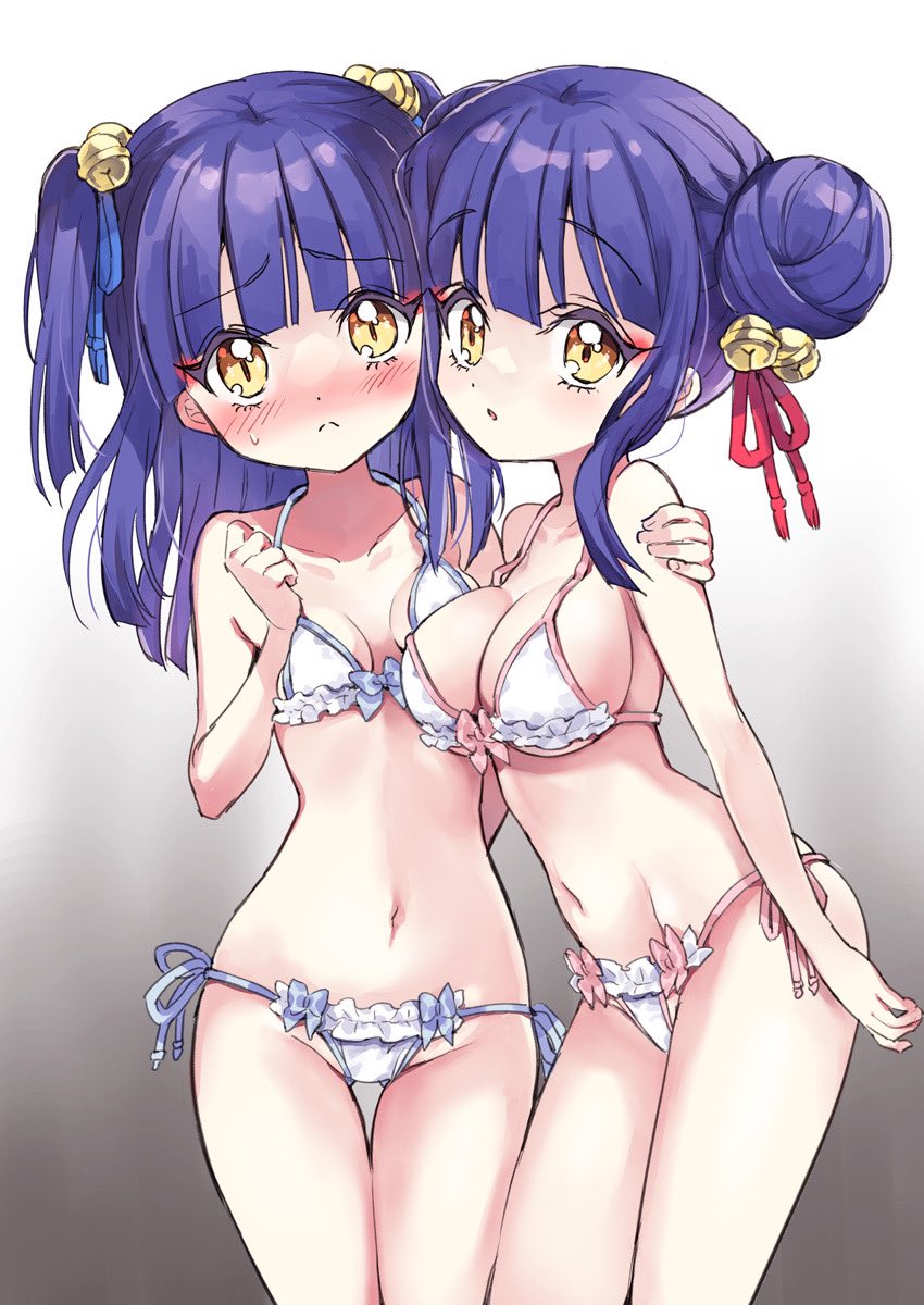 2girls arm_around_shoulder bell blush bra breasts cleavage double_bun face-to-face groin hair_bell hair_bun hair_ornament highres jashin-chan_dropkick jingle_bell kyon-kyon_(jashin-chan_dropkick) large_breasts lingerie long_hair looking_at_viewer multiple_girls navel official_art panties purple_hair ran-ran siblings side-tie_panties sisters small_breasts stomach thigh_gap thighs twins two_side_up underwear underwear_only white_bra white_panties yellow_eyes yukiwo