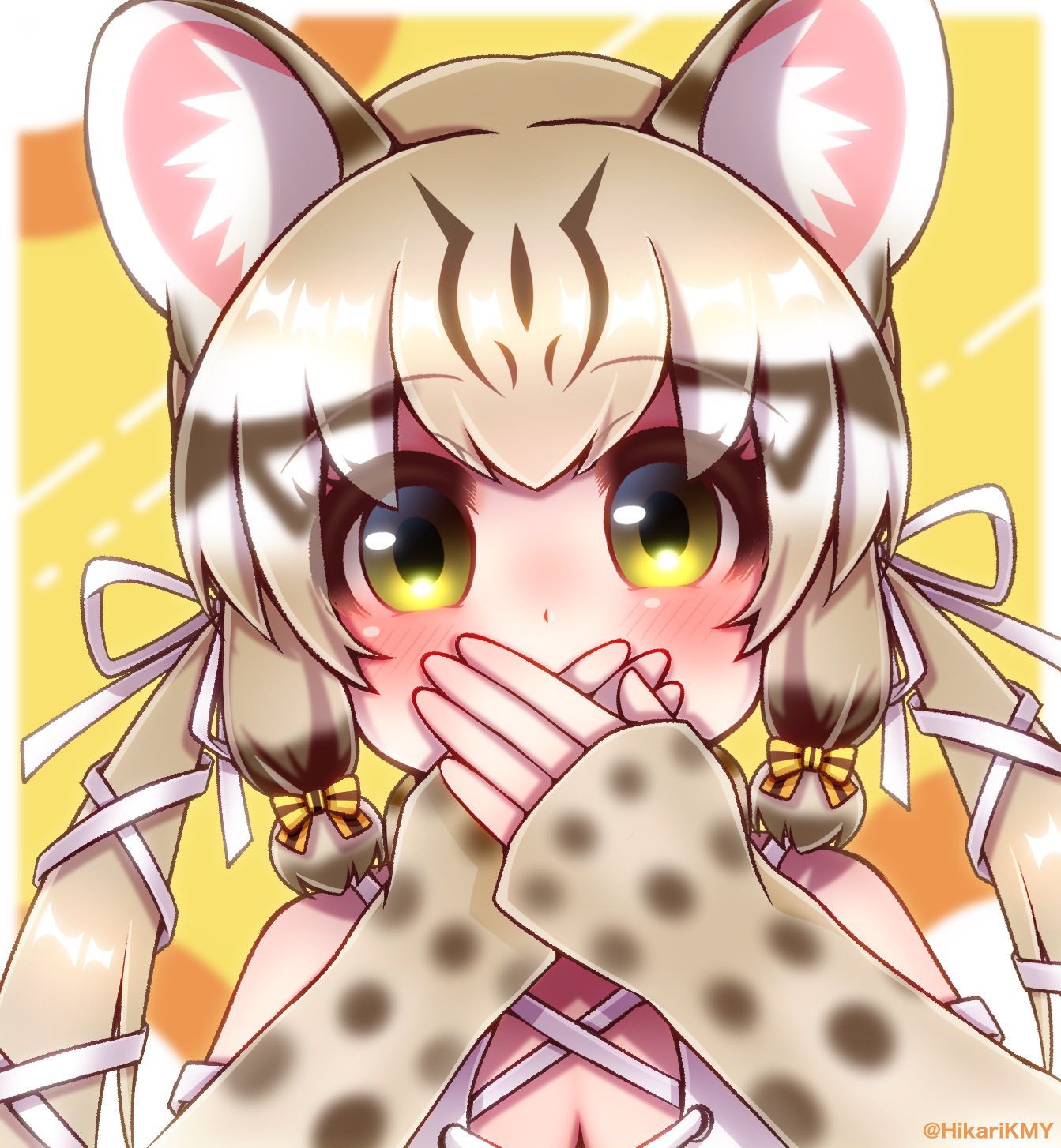 1girl animal_ears bare_shoulders cat_ears cat_girl extra_ears geoffroy's_cat_(kemono_friends) green_eyes grey_hair highres hikarikmy kemono_friends kemono_friends_v_project long_hair looking_at_viewer ribbon shirt simple_background solo twintails upper_body virtual_youtuber yellow_background