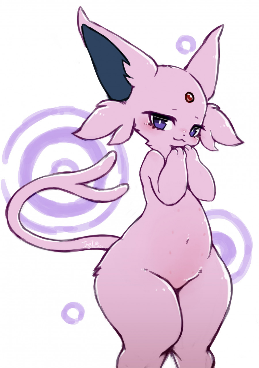 1girl :3 animal_ears animal_hands artist_name blush body_fur bright_pupils closed_mouth commentary dated espeon extra_breasts flat_chest forked_tail furry furry_female groin half-closed_eyes hands_up happy highres ingi knees_together_feet_apart looking_at_viewer navel nipples nose_blush own_hands_together personification pink_fur pokemon pokemon_(creature) purple_eyes signature smile solo standing stomach tail thick_thighs thighs white_background white_pupils wide_hips