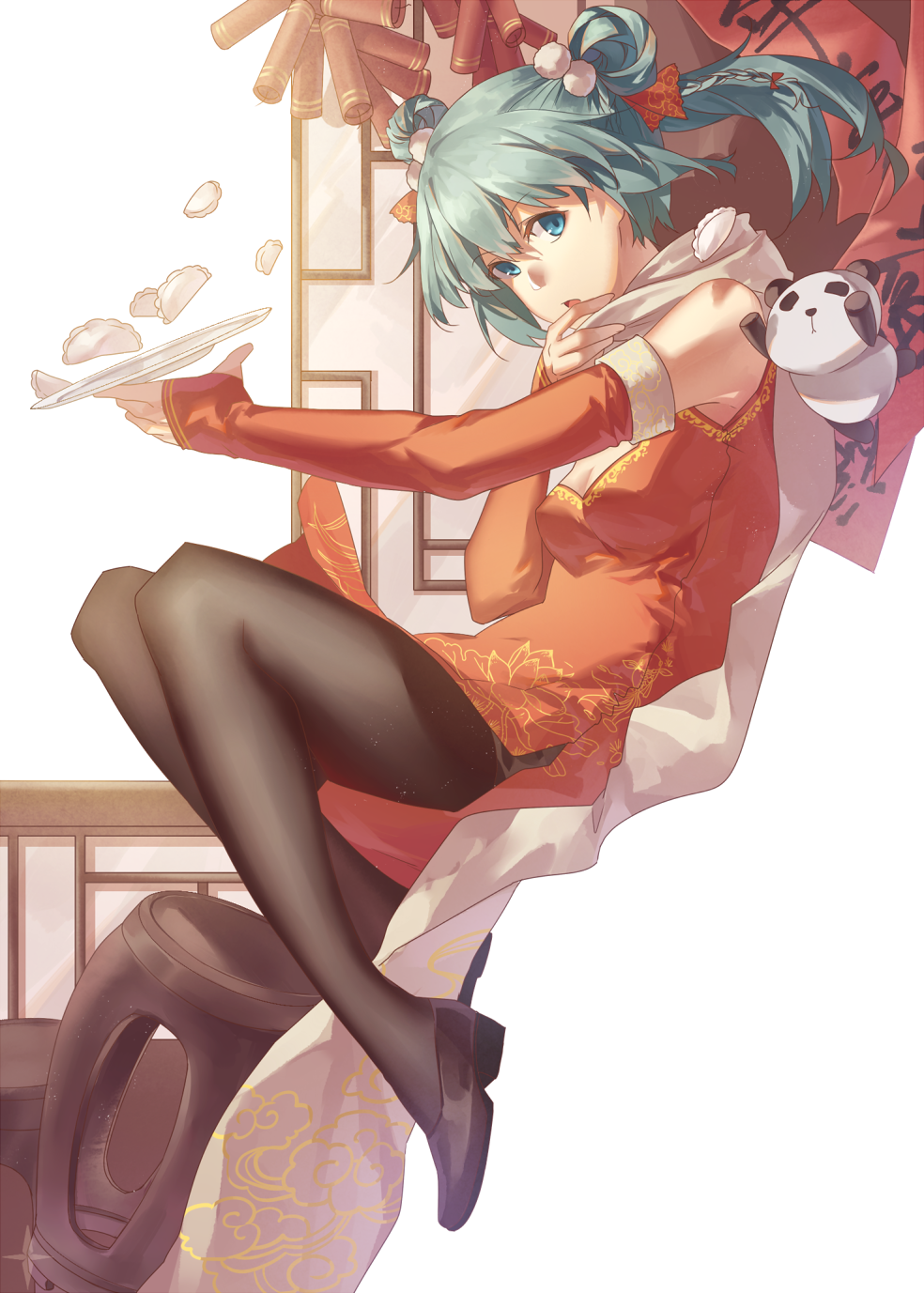 1girl aqua_eyes aqua_necktie breasts china_dress chinese_clothes dress food hatsune_miku highres necktie panda pantyhose red_dress solo vocaloid yukleeeee