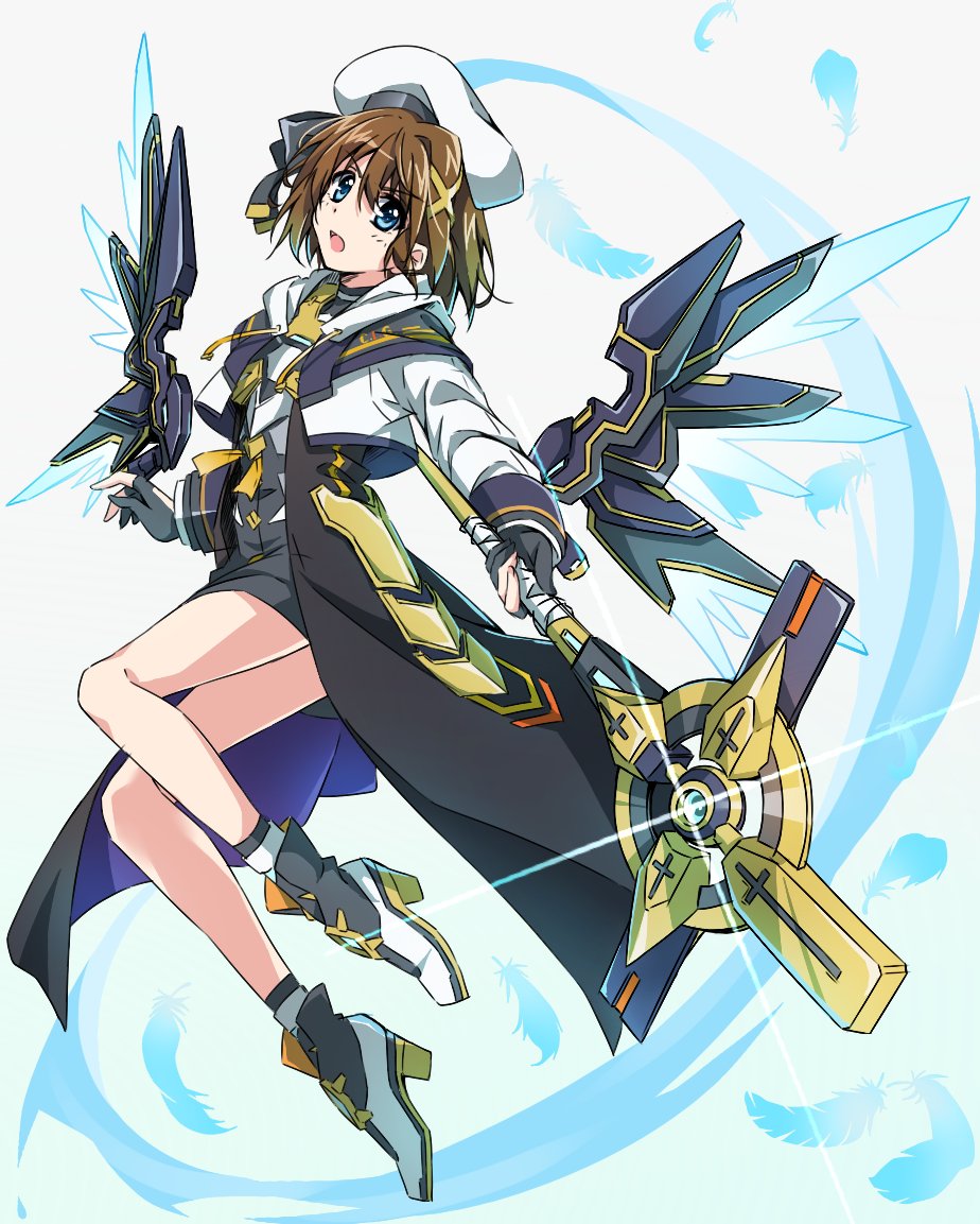 1girl beret black_gloves blue_eyes blush boots brown_hair commentary cropped_jacket dress feathers fingerless_gloves full_body gloves hair_between_eyes hair_ornament hairclip hat high_heels holding holding_staff holding_weapon jacket long_sleeves looking_at_viewer lyrical_nanoha magical_girl mahou_shoujo_lyrical_nanoha mahou_shoujo_lyrical_nanoha_a's mechanical_wings open_mouth raising_heart short_hair simple_background skirt solo staff waist_cape weapon white_background white_headwear white_jacket wings x_hair_ornament yagami_hayate yorousa_(yoroiusagi)