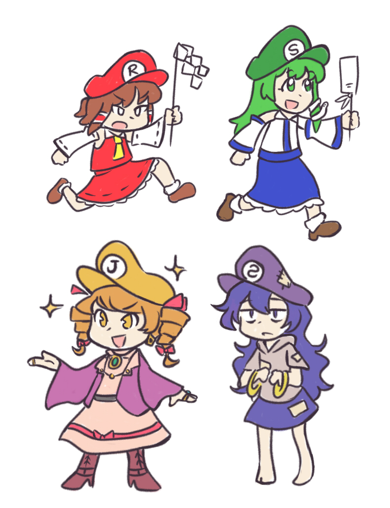 4girls barefoot cosplay crossover edgycat green_headwear hakurei_reimu hat high_heels kochiya_sanae luigi mario mario_(series) multiple_girls nintendo orange_headwear purple_headwear red_headwear shoes touhou waluigi waluigi_(cosplay) wario white_background yorigami_jo'on yorigami_shion