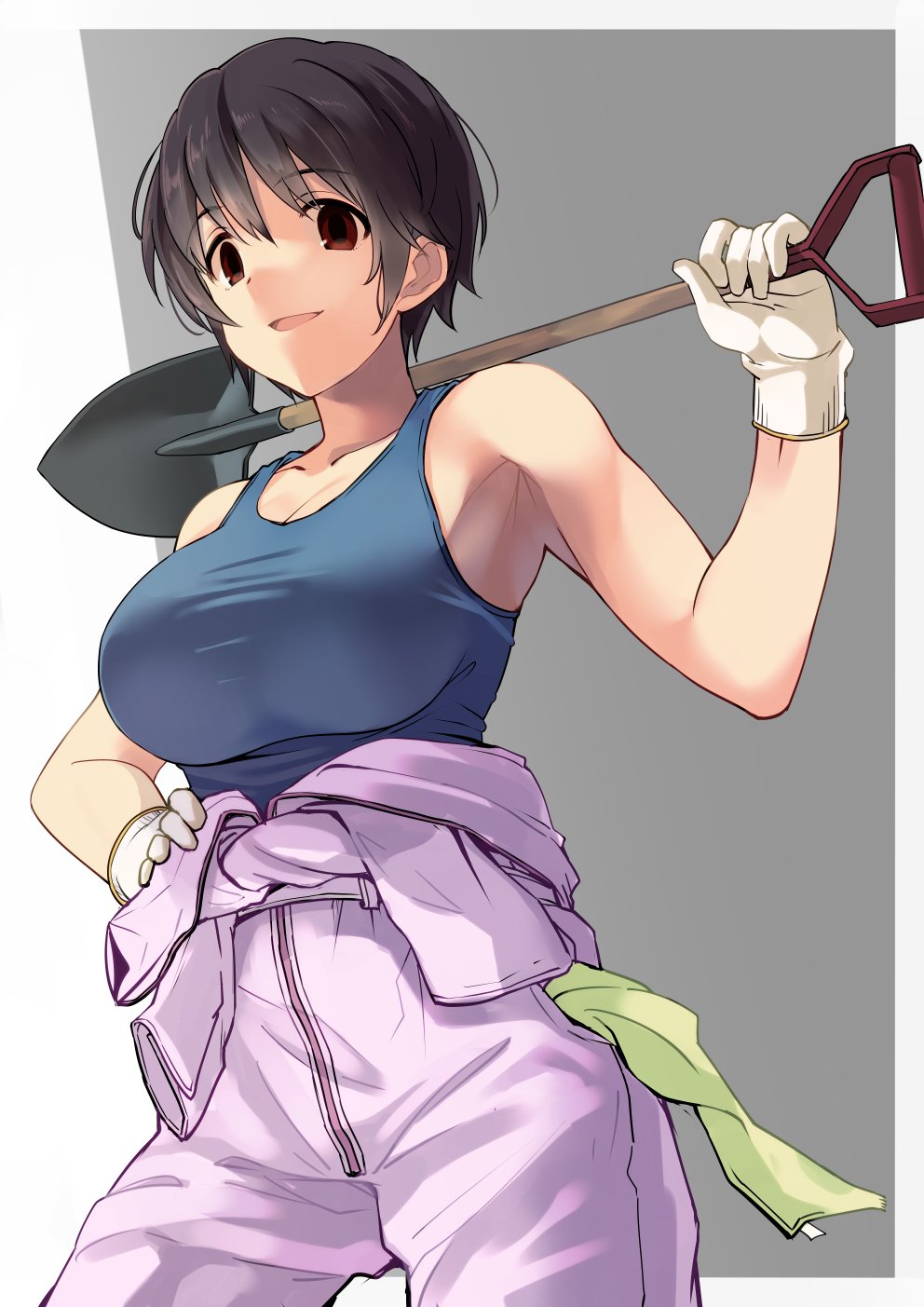 1girl armpits bare_shoulders blue_tank_top breasts brown_eyes brown_hair cleavage clothes_around_waist collarbone cowboy_shot gloves green_towel grey_background hand_on_own_hip hand_up highres holding holding_shovel idolmaster idolmaster_cinderella_girls idolmaster_cinderella_girls_starlight_stage jacket large_breasts looking_at_viewer oikawa_shizuku open_mouth pants purple_jacket purple_pants short_hair shovel simple_background smile solo standing tank_top toned two-tone_background white_background white_gloves youhei_(testament)