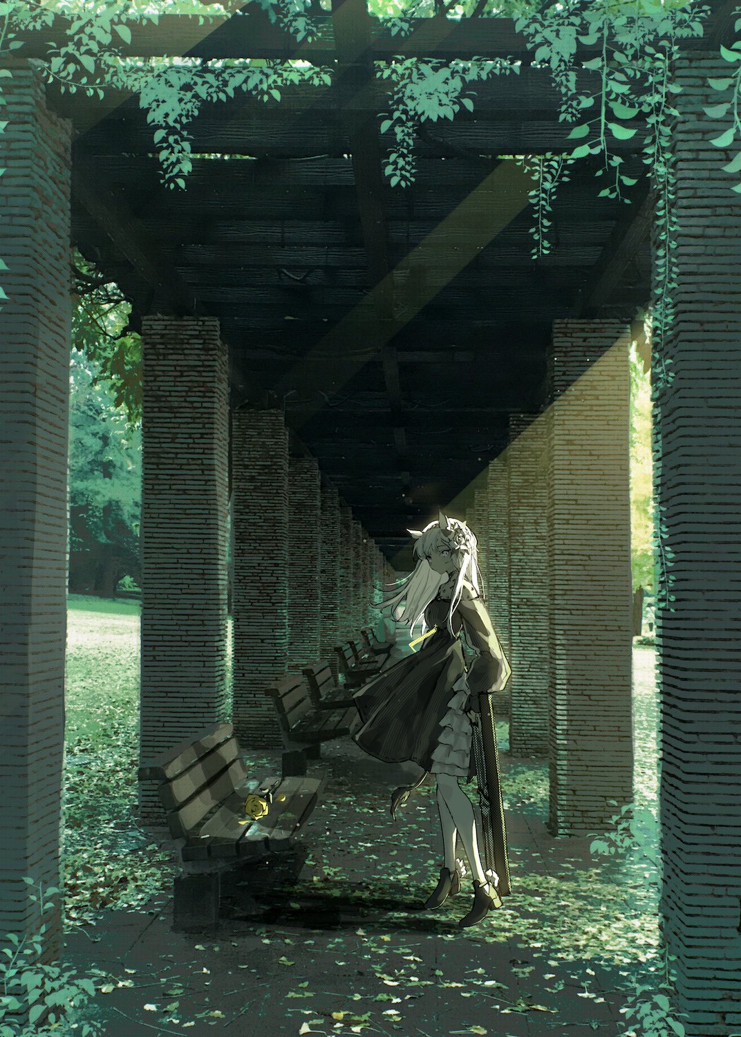 1girl animal_ears arch arknights backlighting bench black_dress black_footwear breasts commentary dress flower green_theme hair_flower hair_ornament heavyrain_(arknights) heavyrain_(tranquil_moss)_(arknights) highres horse_ears horse_girl long_hair looking_at_viewer matsuoka_(mtok_0) medium_breasts outdoors rose shoes solo tree white_eyes white_flower white_hair wooden_bench yellow_flower yellow_rose