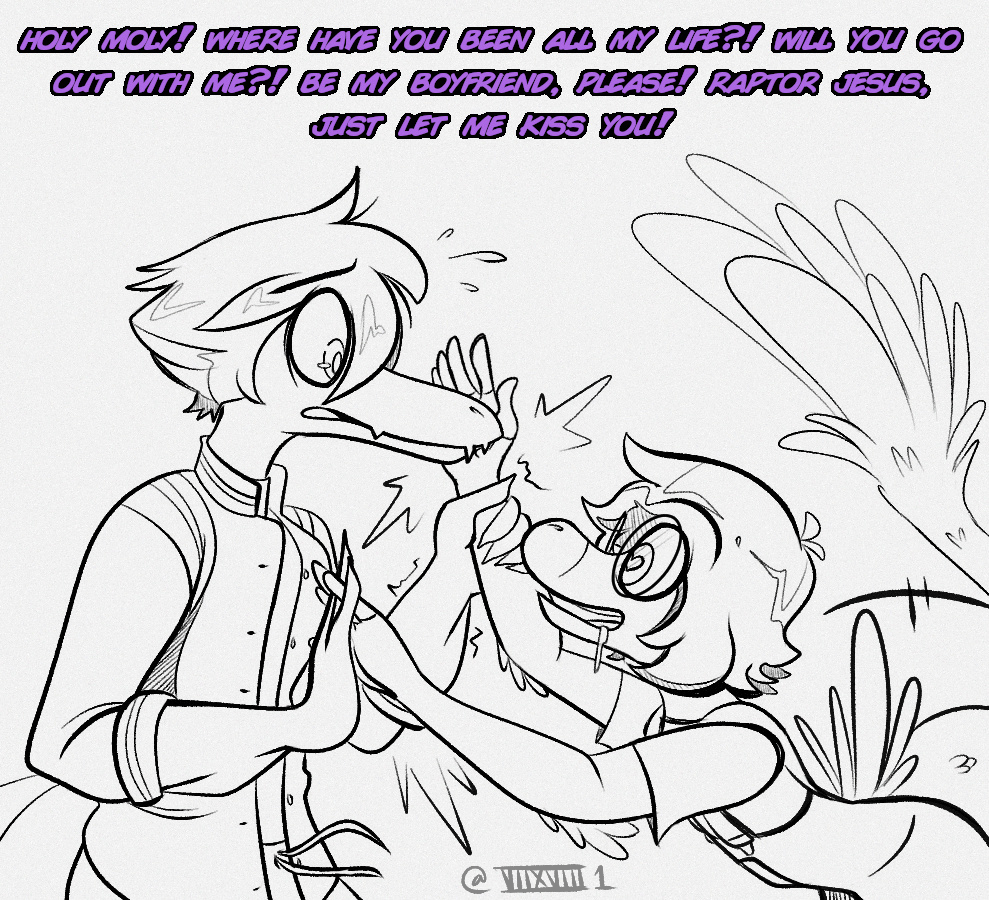 &lt;3 &lt;3_eyes anthro bodily_fluids clothed clothing dialogue dinosaur dromaeosaurid drooling duo english_text feathered_tail feathers goodbye_volcano_high hair hand_holding leo_(gvh) long_snout male monochrome overalls reptile sage_(gvh) saliva scalie seven_(artist) side_view simple_background snoot_game_(fan_game) snout tail text theropod velociraptor white_background