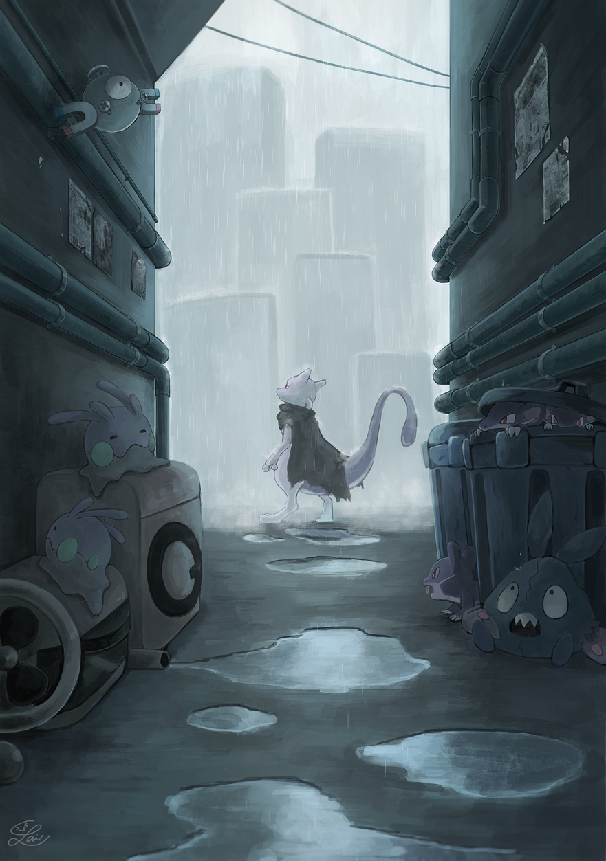 alley brown_cloak city cloak goomy grey_theme highres in_trash_can industrial industrial_pipe lai_(pixiv1814979) magnemite mewtwo no_humans pokemon pokemon_(anime) pokemon_(creature) poster_(object) power_lines puddle rain rattata signature trash_can trubbish
