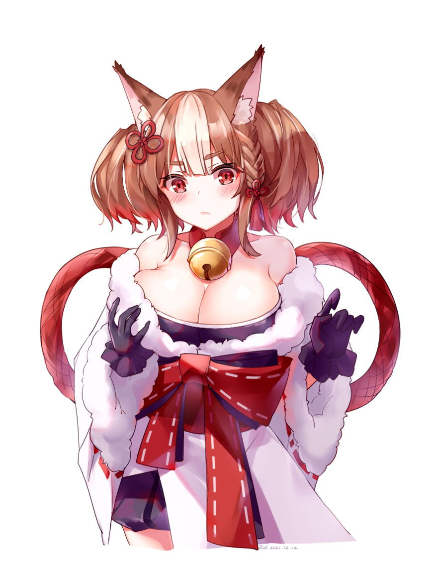1girl aged_up alternate_breast_size animal_ear_fluff animal_ears bare_shoulders bell black_gloves black_skirt blush braid breasts brown_hair cleavage closed_mouth coat collar curious fluffy fox_ears fur-trimmed_kimono fur_trim gloves hair_ornament japanese_clothes jingle_bell kimono large_breasts layered_clothes long_sleeves multicolored_hair neck_bell obi pleated_skirt purple_coat red_collar red_eyes ribbon sash sekka_(shadowverse) shadowverse simple_background skirt solo surprised twintails two-tone_hair upper_body watchdog_rol_(y1104280730) white_background white_coat white_hair wide_sleeves