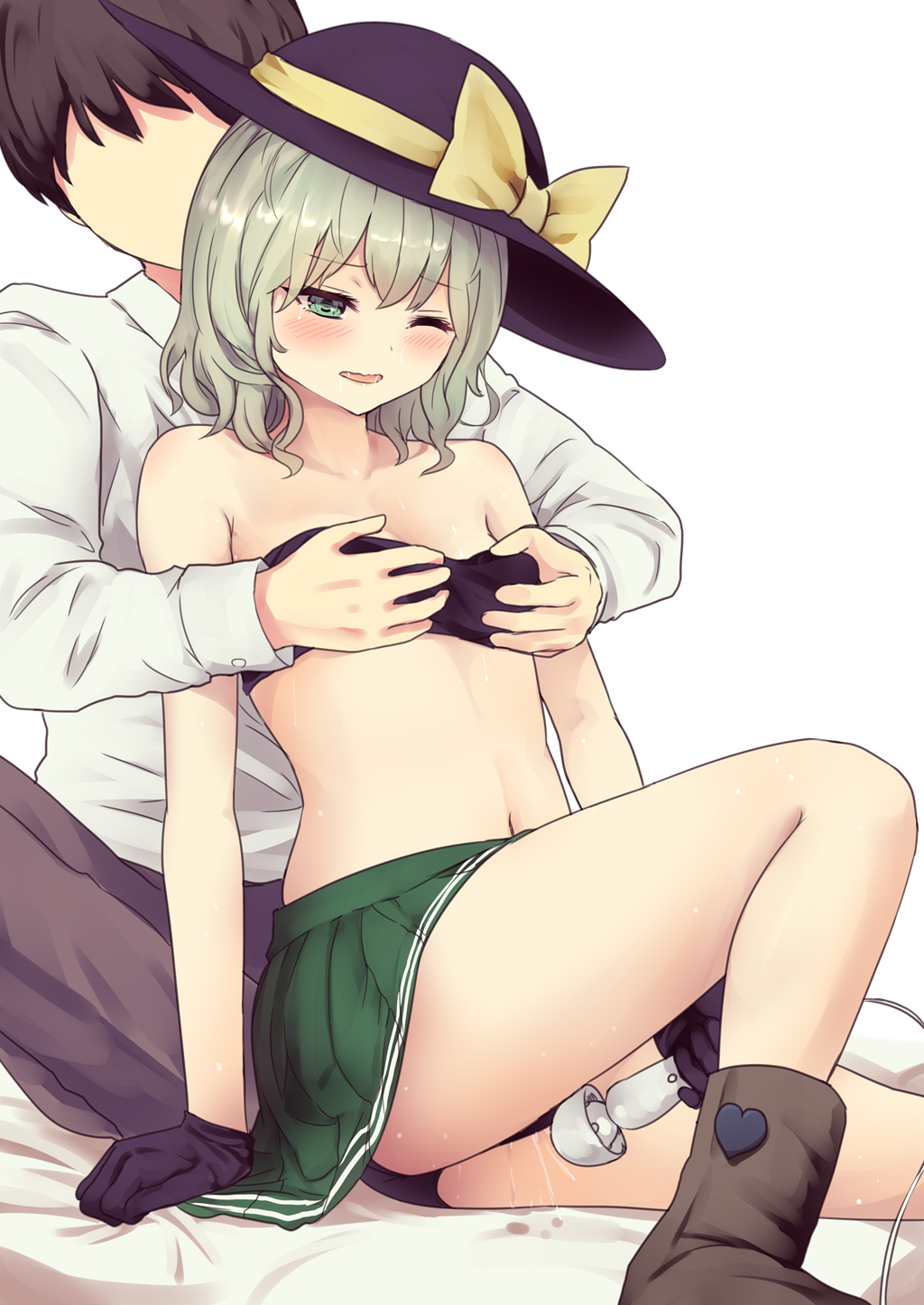 1boy 1girl black_gloves black_hair black_headwear black_panties black_pants boots bow bra breast_grab commentary_request culter faceless faceless_male fur_boots gloves grabbing grabbing_from_behind green_eyes green_skirt grey_hair hat hat_bow hetero highres hitachi_magic_wand komeiji_koishi medium_hair miniskirt navel nipple_tweak one_eye_closed panties pants pleated_skirt pussy_juice pussy_juice_stain sex_toy shirt skirt strapless strapless_bra sweat tearing_up touhou ugg_boots underwear vibrator white_shirt