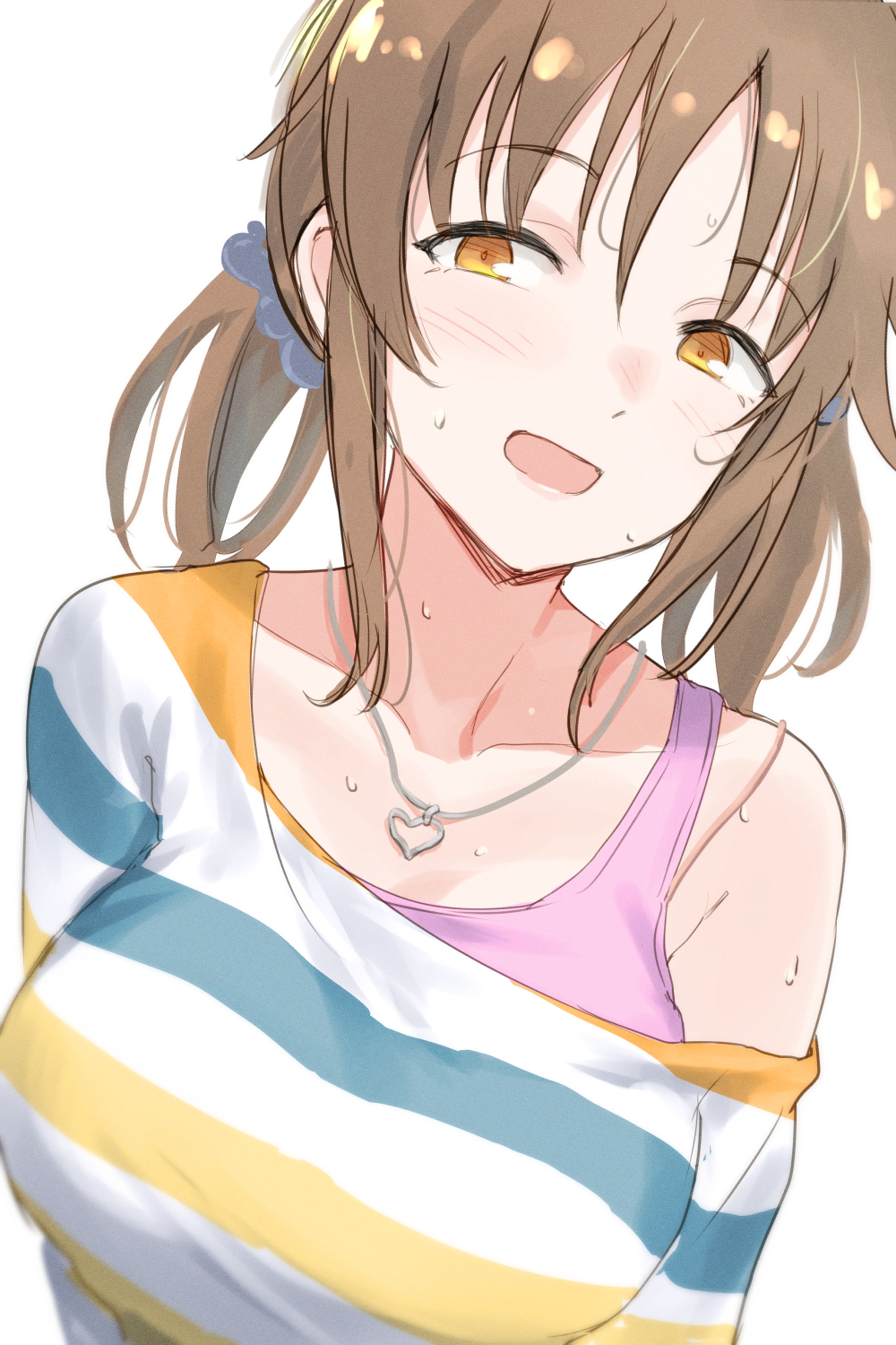 1girl blush breasts brown_hair collarbone heart heart_necklace highres idolmaster idolmaster_cinderella_girls jewelry large_breasts looking_at_viewer necklace shirt sidelocks simple_background single_bare_shoulder solo striped striped_shirt sweatdrop totoki_airi twintails unu_(unucence) upper_body white_background