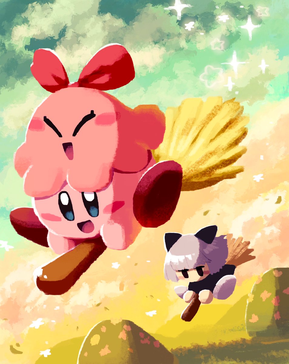 :d aruco_co black_dress black_eyes blue_eyes blunt_bangs blush blush_stickers bow broom broom_riding chuchu_(kirby) closed_eyes cloud cloudy_sky commentary dress gradient_sky grass grey_hair happy highres hill keke_(kirby) kirby kirby_(series) no_humans on_head open_mouth outdoors red_bow short_hair sky smile sparkle star_(symbol) sunset symbol-only_commentary twilight