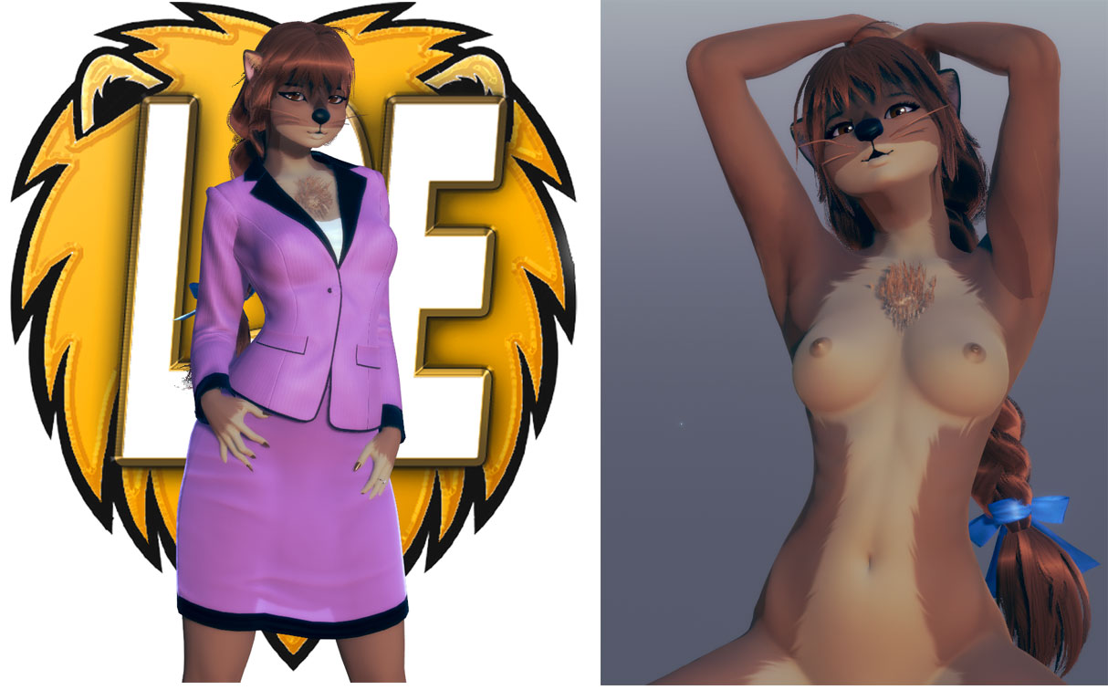 3d_(artwork) accessory anthro braided_hair braided_ponytail brown_body brown_fur chest_tuft clothing digital_media_(artwork) dress dress_shirt female fur hair hair_accessory hair_ribbon hands_behind_head hands_on_hips logo looking_at_viewer mammal max_blackrabbit may_lestoat mustelid musteline nipples nude off/on office_clothing ponytail ribbons shirt short_dress simple_background solo topwear true_musteline tuft weasel whiskers