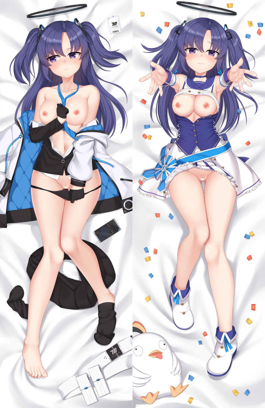 1girl arms_up bed_sheet belt belt_removed black_socks blazer blue_archive blue_necktie blush breasts cellphone censored choker clothes_removed coat collarbone collared_shirt commentary_request dakimakura_(medium) detached_sleeves elbow_gloves embarrassed frilled_skirt frills full_body gloves groin hair_between_eyes hair_ornament halo heart heart_censor highres id_card idol jacket knees_together_feet_apart kurisu-kun large_breasts legwear_removed long_hair long_sleeves looking_at_viewer looking_away lying midriff navel necktie nipples official_alternate_costume on_back open_clothes open_coat panties panty_pull parted_bangs peroro_(blue_archive) phone pleated_skirt purple_eyes purple_hair pussy reaching_towards_viewer school_uniform shirt short_sleeves sidelocks simple_background skirt smartphone socks stuffed_chicken two_side_up underwear white_coat yuuka_(blue_archive)