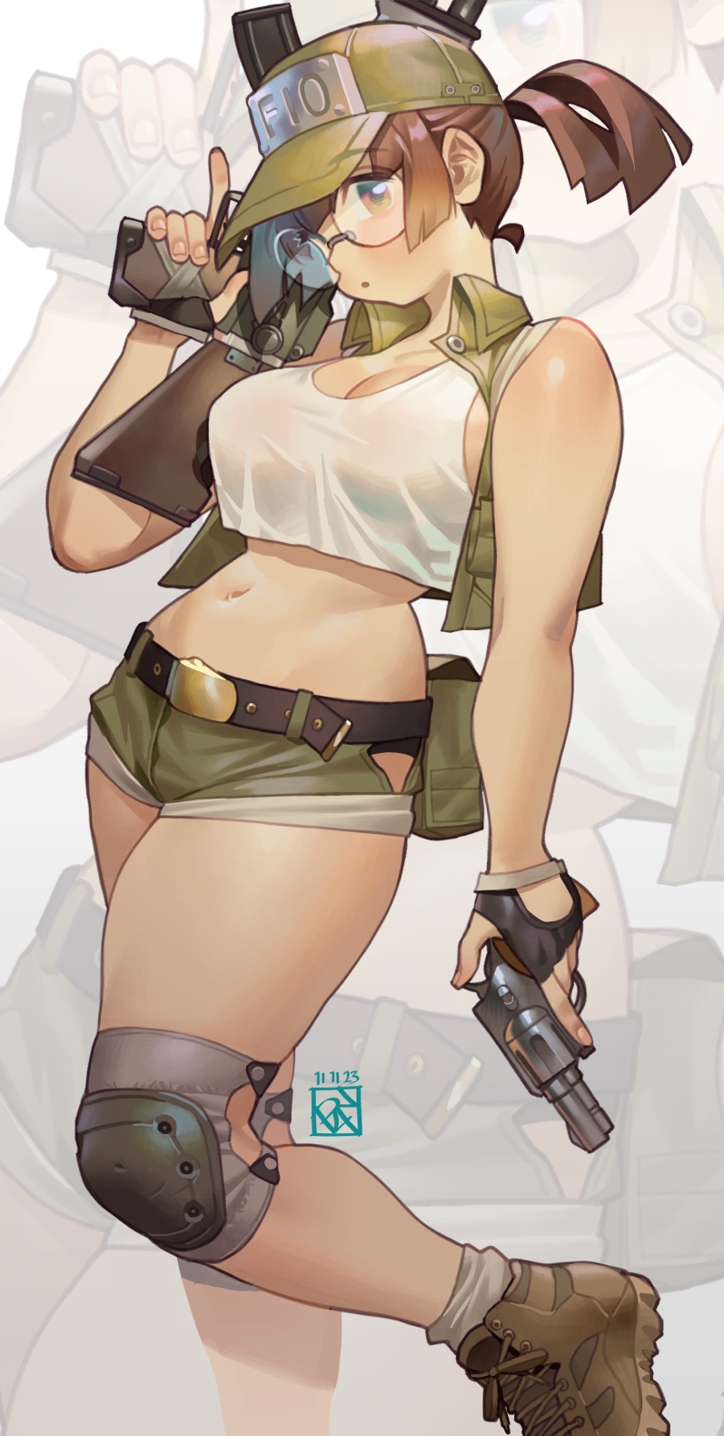 1girl baseball_cap belt breasts brown_eyes brown_footwear brown_hair cleavage crop_top cropped_jacket fio_germi glasses green_jacket green_shorts gun hat highres holding holding_gun holding_weapon jacket knee_pads large_breasts looking_at_viewer metal_slug midriff navel open_mouth poch4n ponytail revolver round_eyewear short_shorts shorts smile solo vest weapon