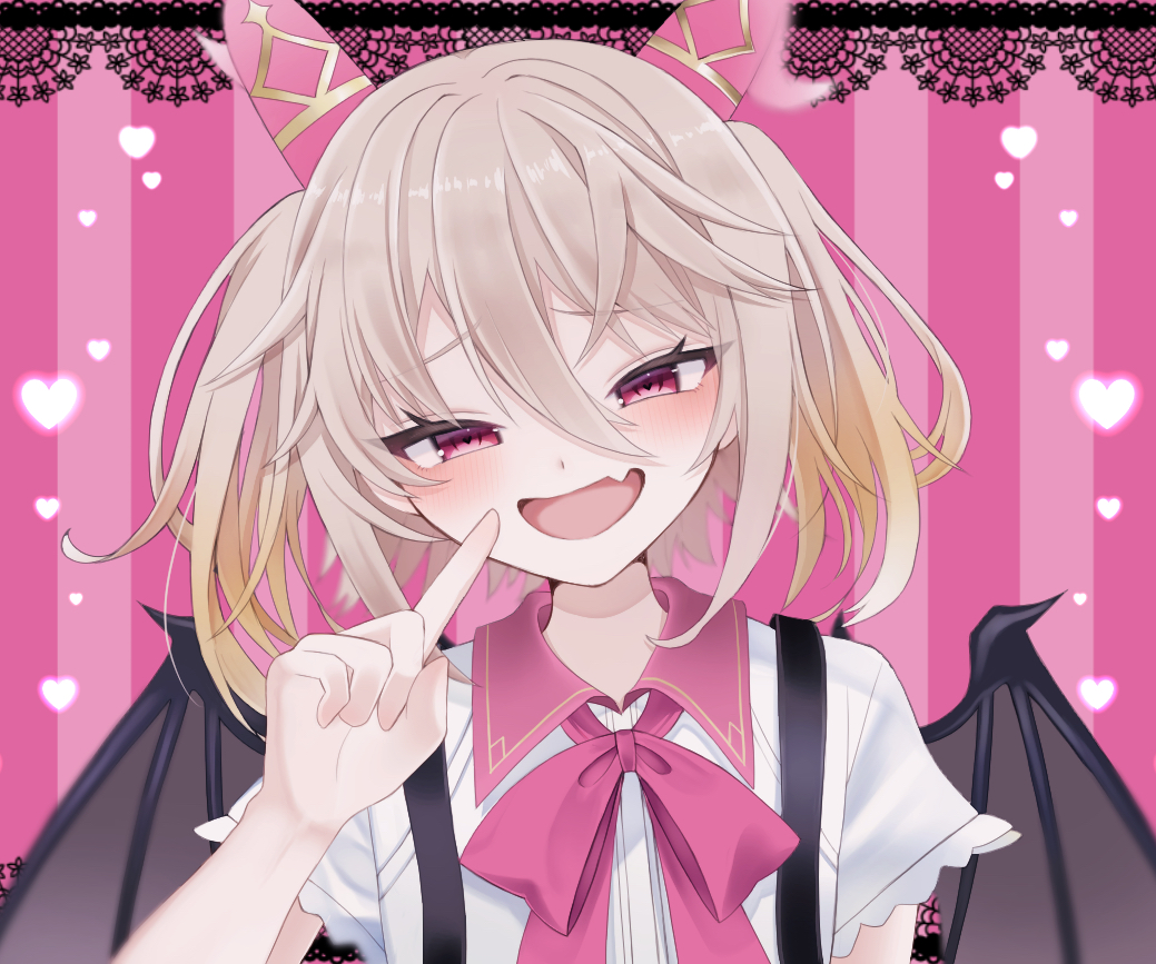 #compass 1boy :d animal_ears bat_wings black_wings blush fang hand_up heart index_finger_raised light_brown_hair medium_hair omio_gnsn otoko_no_ko pink_background pink_eyes pink_ribbon ribbon shirt short_sleeves skin_fang smile suspenders upper_body white_shirt wings