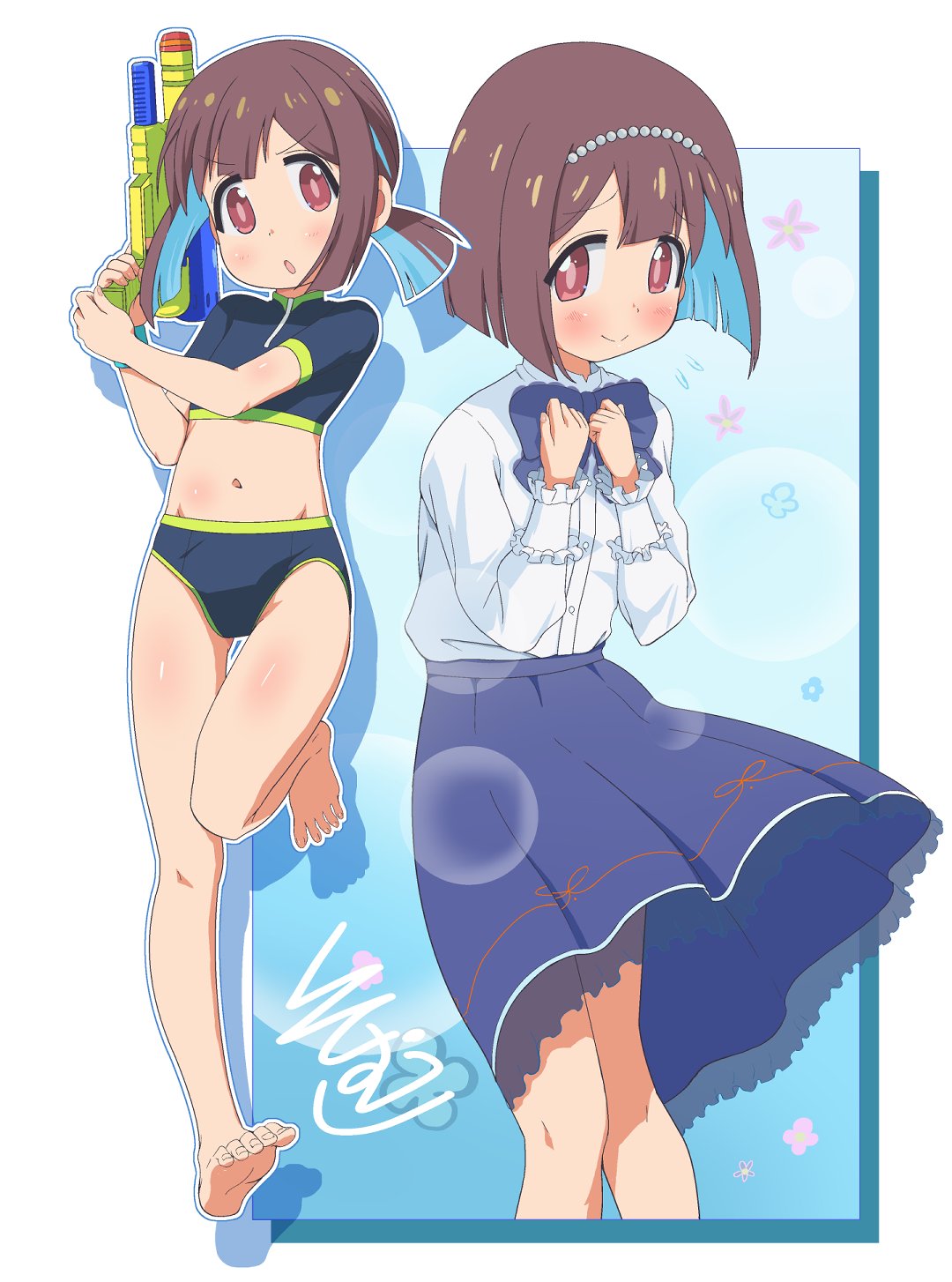 1girl blush bow bowtie brown_hair flying_sweatdrops frilled_bow frills hairband highres hozuki_momiji ki_(adotadot) long_sleeves navel onii-chan_wa_oshimai! red_eyes short_hair signature skirt solo sports_bikini swimsuit thigh_gap water_gun