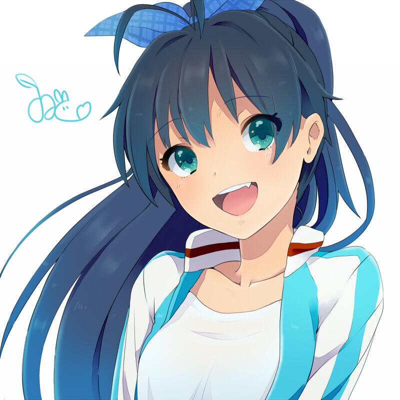 1girl antenna_hair aqua_eyes black_hair blue_bow blue_jacket bow collarbone collared_jacket eyelashes fang ganaha_hibiki hair_bow idolmaster idolmaster_(classic) jacket jersey long_hair looking_at_viewer multicolored_clothes multicolored_jacket open_clothes open_jacket open_mouth plaid plaid_bow ponytail see-through see-through_shirt shirt signature smile solo teeth two-tone_jacket upper_body upper_teeth_only white_background white_jacket white_shirt witoi_(roa)
