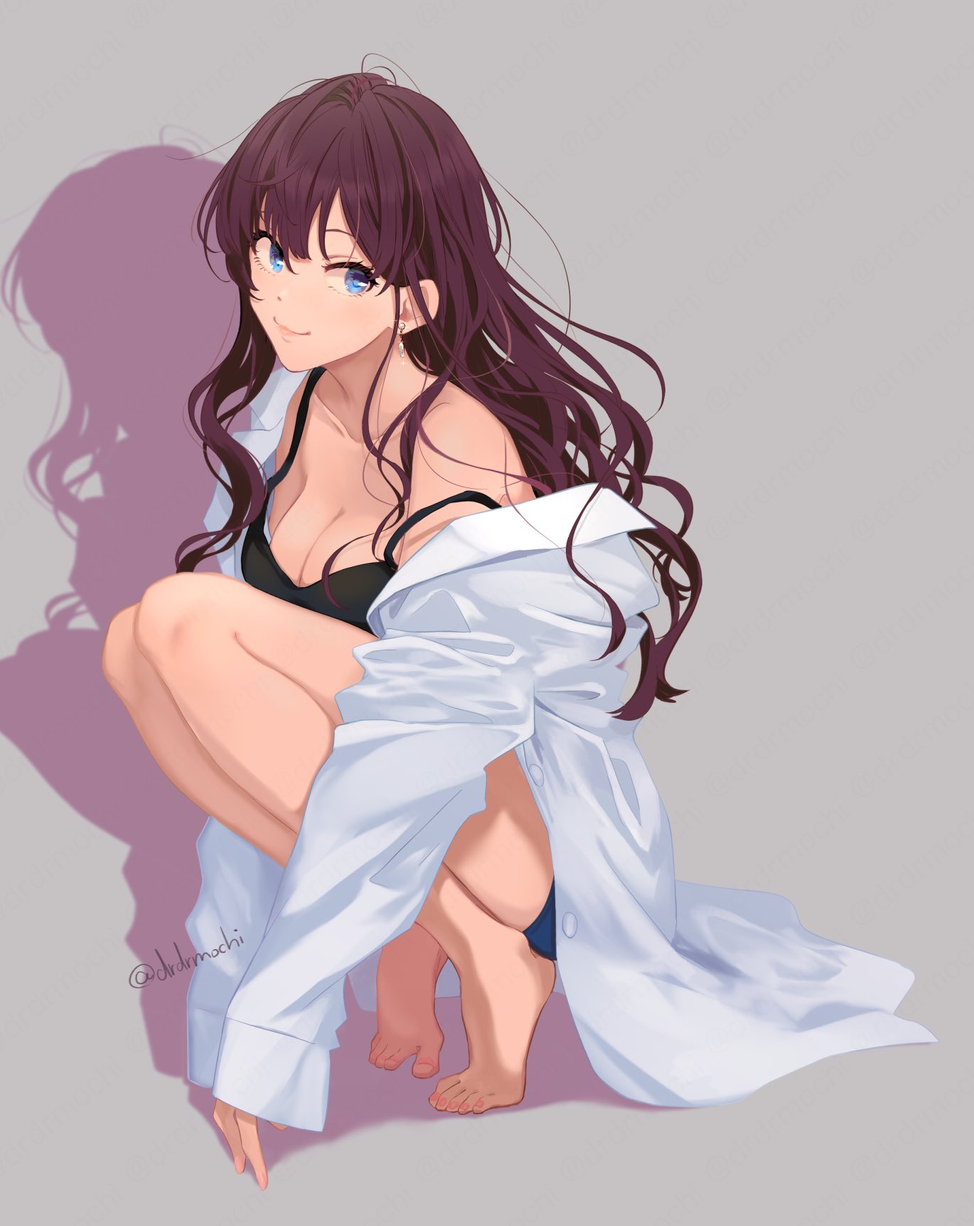 1girl bare_legs barefoot black_camisole blush breasts camisole cleavage coat collarbone drdrmochi full_body highres ichinose_shiki idolmaster idolmaster_cinderella_girls lab_coat looking_at_viewer medium_breasts shadow simple_background smile solo squatting strap_slip tiptoes toes white_coat