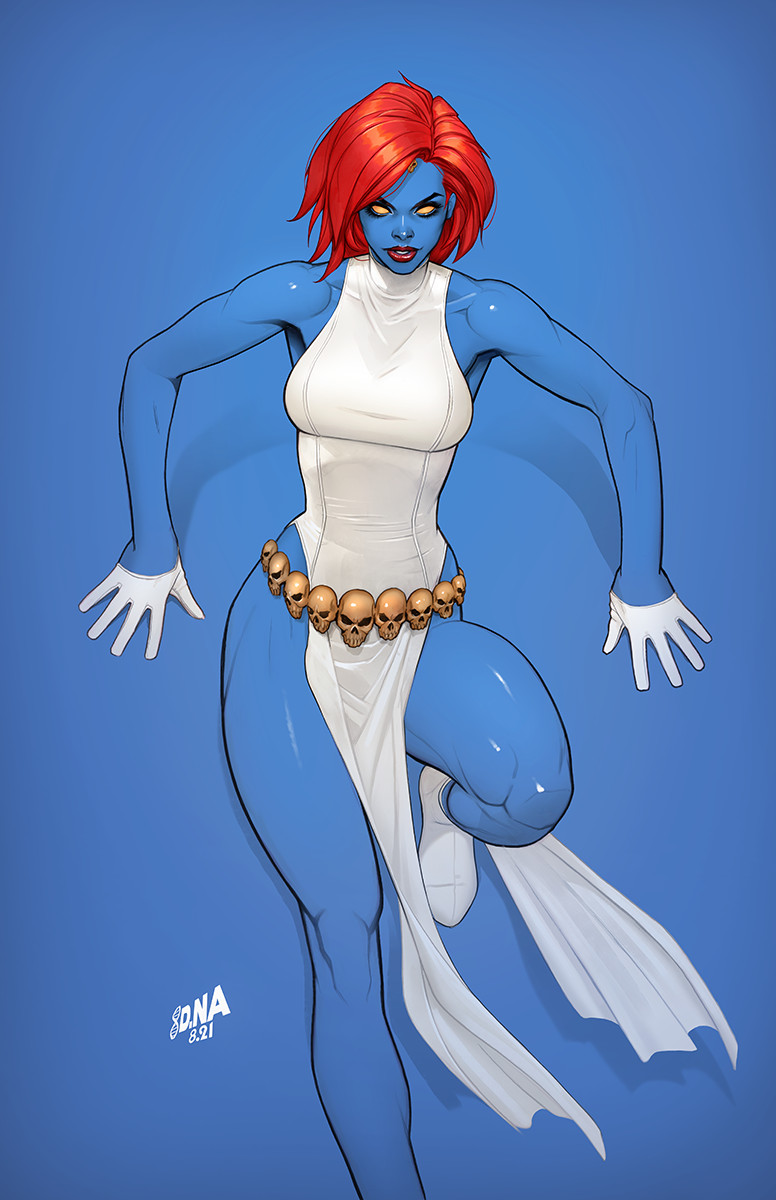 1girl blank_eyes blue_background blue_skin colored_skin dated david_nakayama dress gloves highres looking_at_viewer marvel mystique pelvic_curtain red_hair red_lips shoes short_hair skull white_dress white_footwear white_gloves x-men yellow_eyes