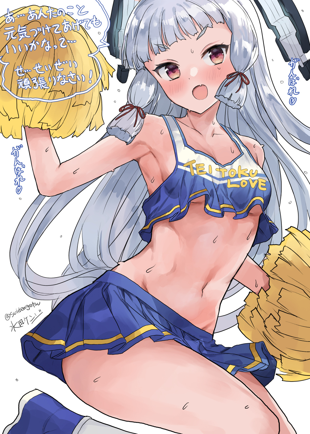 1girl artist_name blue_skirt breasts brown_eyes cheerleader clothes_writing crop_top crop_top_overhang floating_headgear grey_hair hair_ribbon headgear highres holding holding_pom_poms kantai_collection long_hair midriff mizuta_kenji murakumo_(kancolle) navel one-hour_drawing_challenge open_mouth pleated_skirt pom_pom_(cheerleading) ribbon shirt sidelocks simple_background skirt sleeveless sleeveless_shirt solo sweat tress_ribbon twitter_username underboob very_sweaty white_background