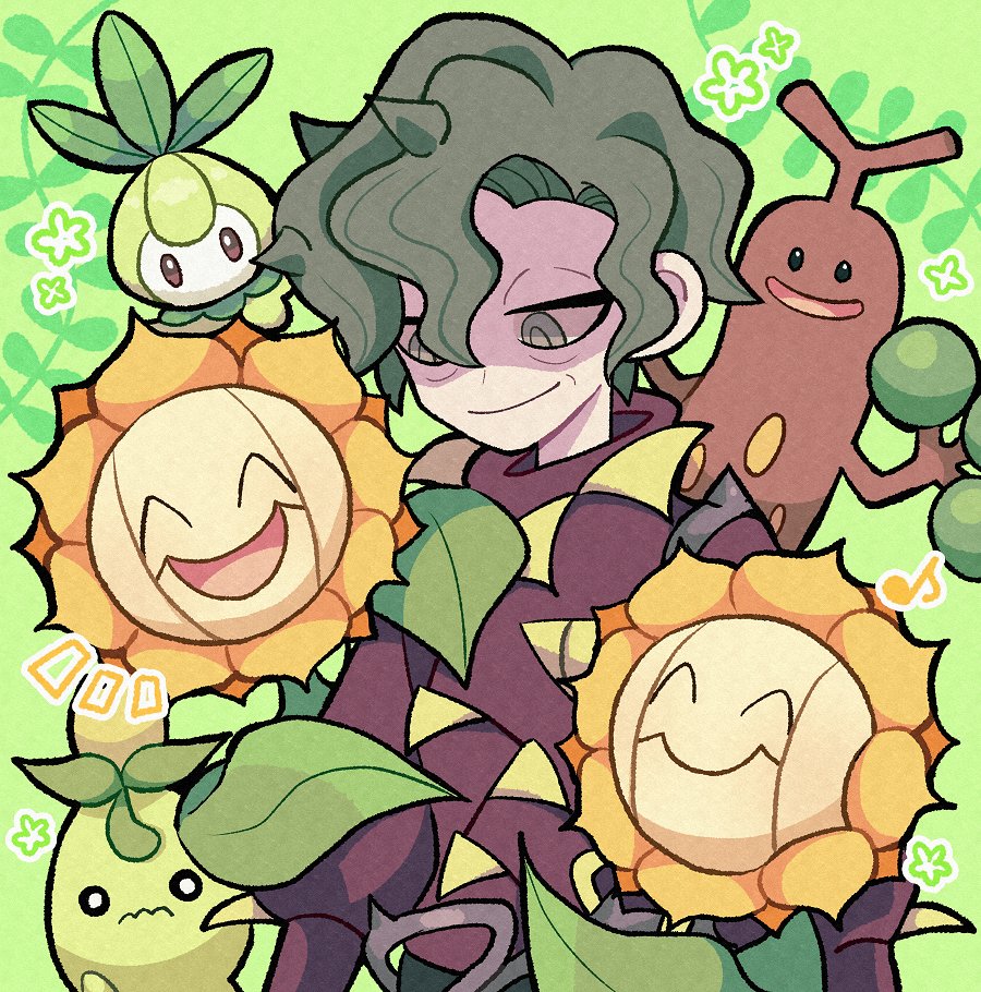 1boy brassius_(pokemon) flower_(symbol) foliage green_background green_eyes green_hair light_smile long_sleeves male_focus musical_note petilil pokemon pokemon_(game) pokemon_sv puffy_sleeves red_shirt shirt short_hair smile smoliv sudowoodo sunflora ttnoooo wavy_hair