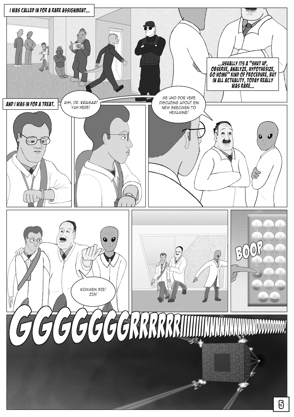 accent alien alien_humanoid comic elevator english_text group hi_res hplovehorse human humanoid male mammal monochrome onomatopoeia roswell_grey scalie sound_effects text