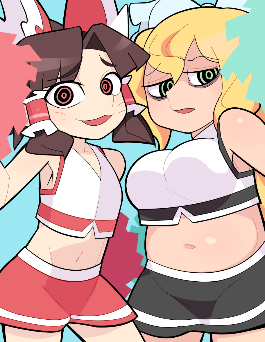 2girls alternate_costume armpits arms_up bags_under_eyes benikurage_(cookie) black_skirt blonde_hair blue_background bow breasts brown_hair cheerleader commentary_request cookie_(touhou) cowboy_shot crop_top facial_mark flat_chest frilled_bow frilled_hair_tubes frills green_eyes hair_bow hair_tubes hakurei_reimu hospital_king kirisame_marisa large_breasts long_hair looking_at_viewer mars_(cookie) medium_hair midriff miniskirt multiple_girls navel open_mouth parted_bangs plump pom_pom_(cheerleading) ponytail red_bow red_eyes red_skirt ringed_eyes shirt simple_background skirt small_breasts smile touhou wavy_mouth whisker_markings white_bow white_shirt