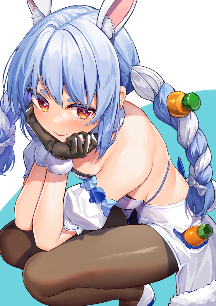 1girl animal_ear_fluff animal_ears black_gloves blue_hair blush braid carrot carrot_hair_ornament food-themed_hair_ornament gloves hair_ornament hololive kibanda_gohan kneeling long_hair looking_at_viewer multicolored_hair orange_eyes pantyhose rabbit-shaped_pupils rabbit_ears simple_background smile solo symbol-shaped_pupils thick_eyebrows twin_braids two-tone_hair usada_pekora usada_pekora_(1st_costume) virtual_youtuber white_hair